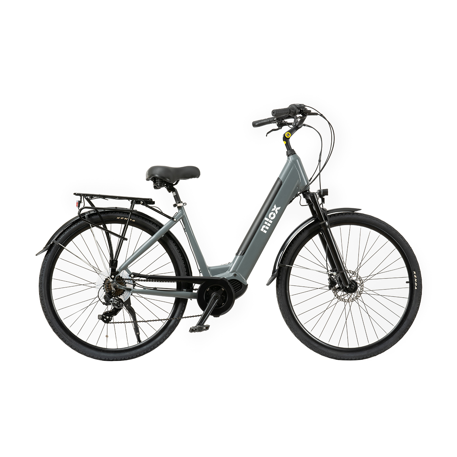 Una bicicletta elettrica Nilox grigia su sfondo bianco, vista laterale.