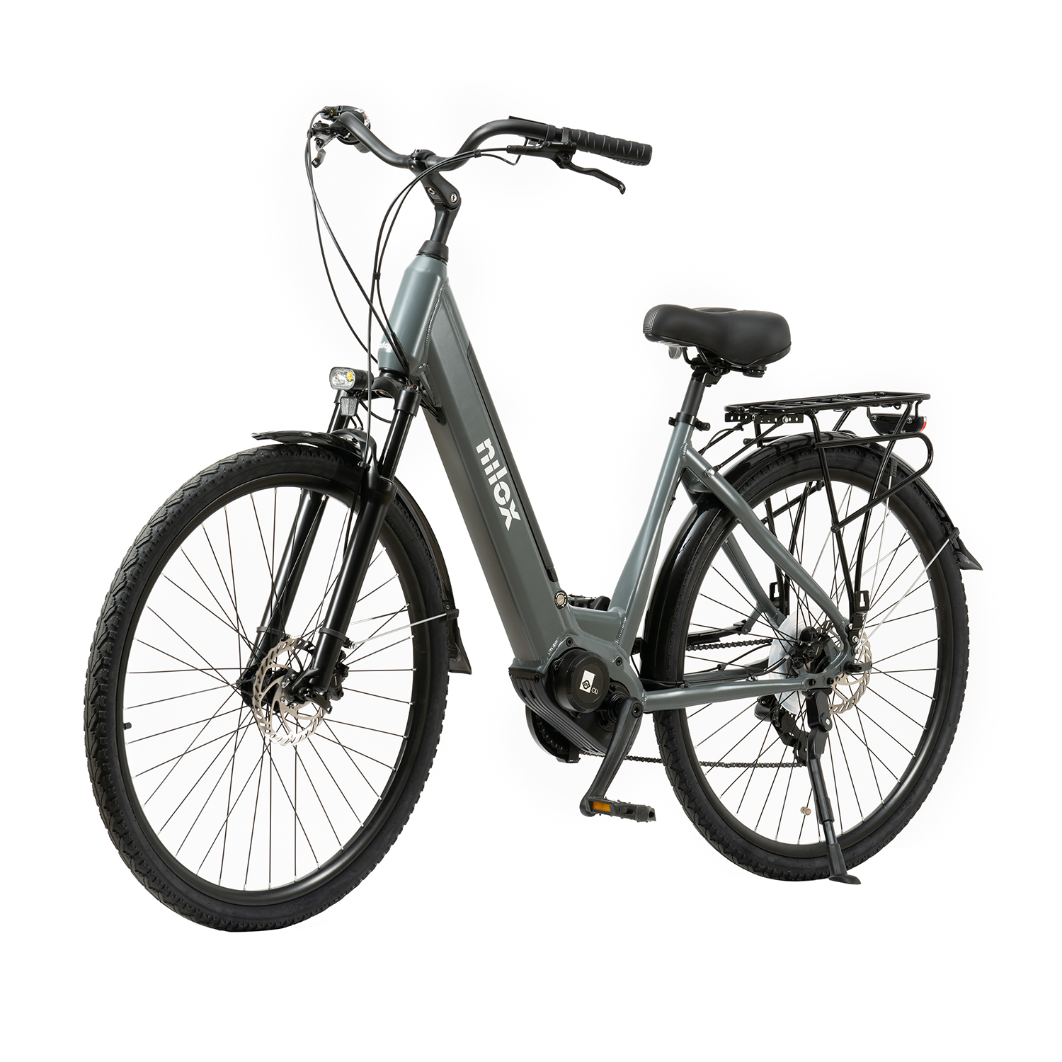 Bicicletta elettrica Nilox grigia su sfondo bianco.