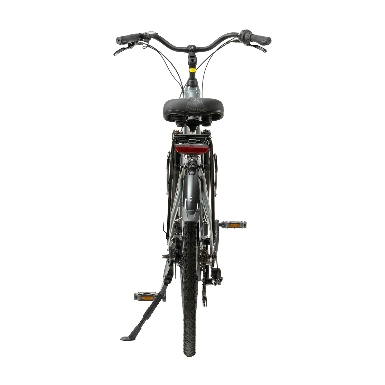 Bicicletta nera da vista posteriore su sfondo bianco. Presenta sella, pedali e pneumatici neri.