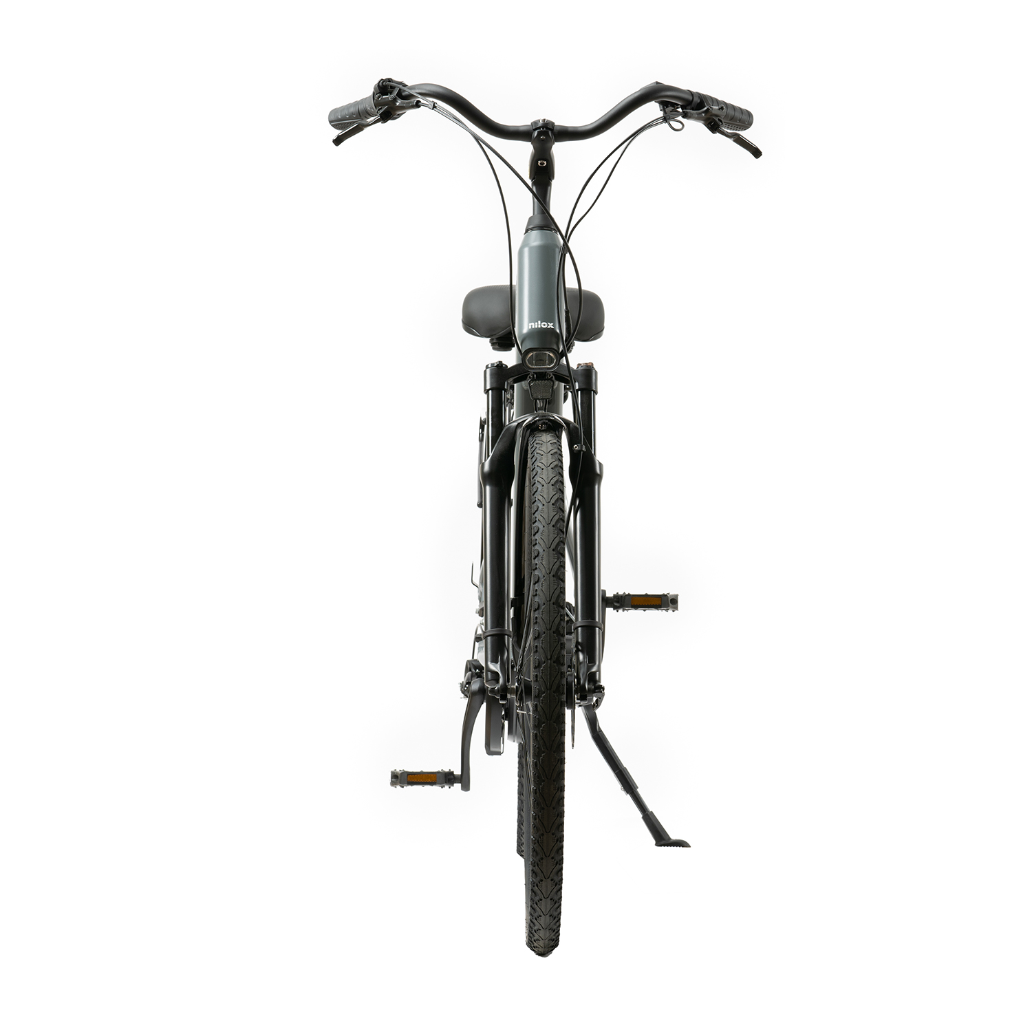 Bicicletta nera da una prospettiva frontale.