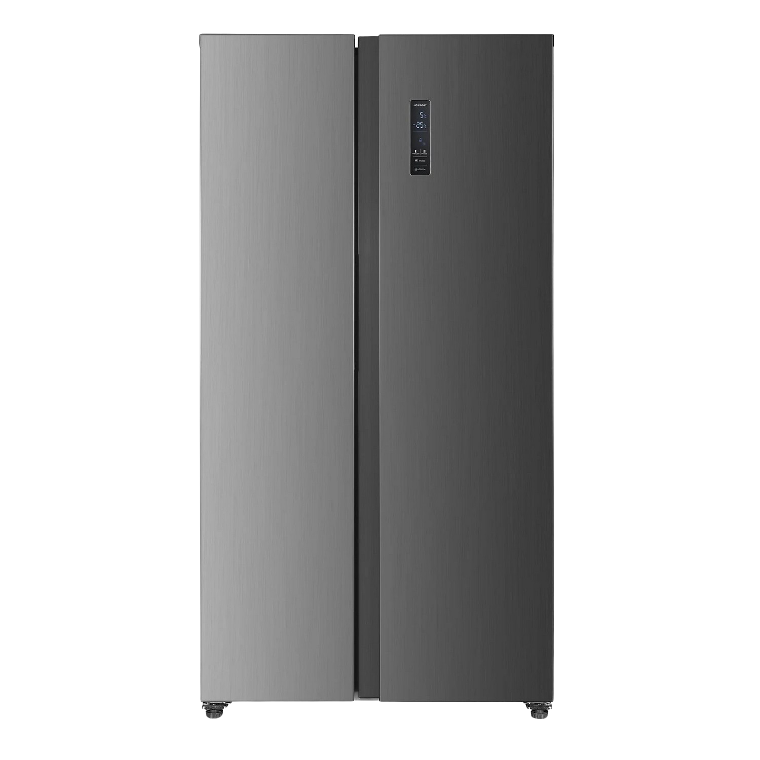 A stainless steel refrigerator with two doors, isolated on a black background.