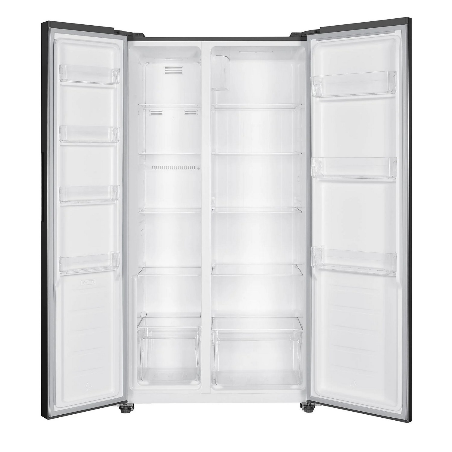 Open refrigerator with shelves and drawers. White interior, black exterior.