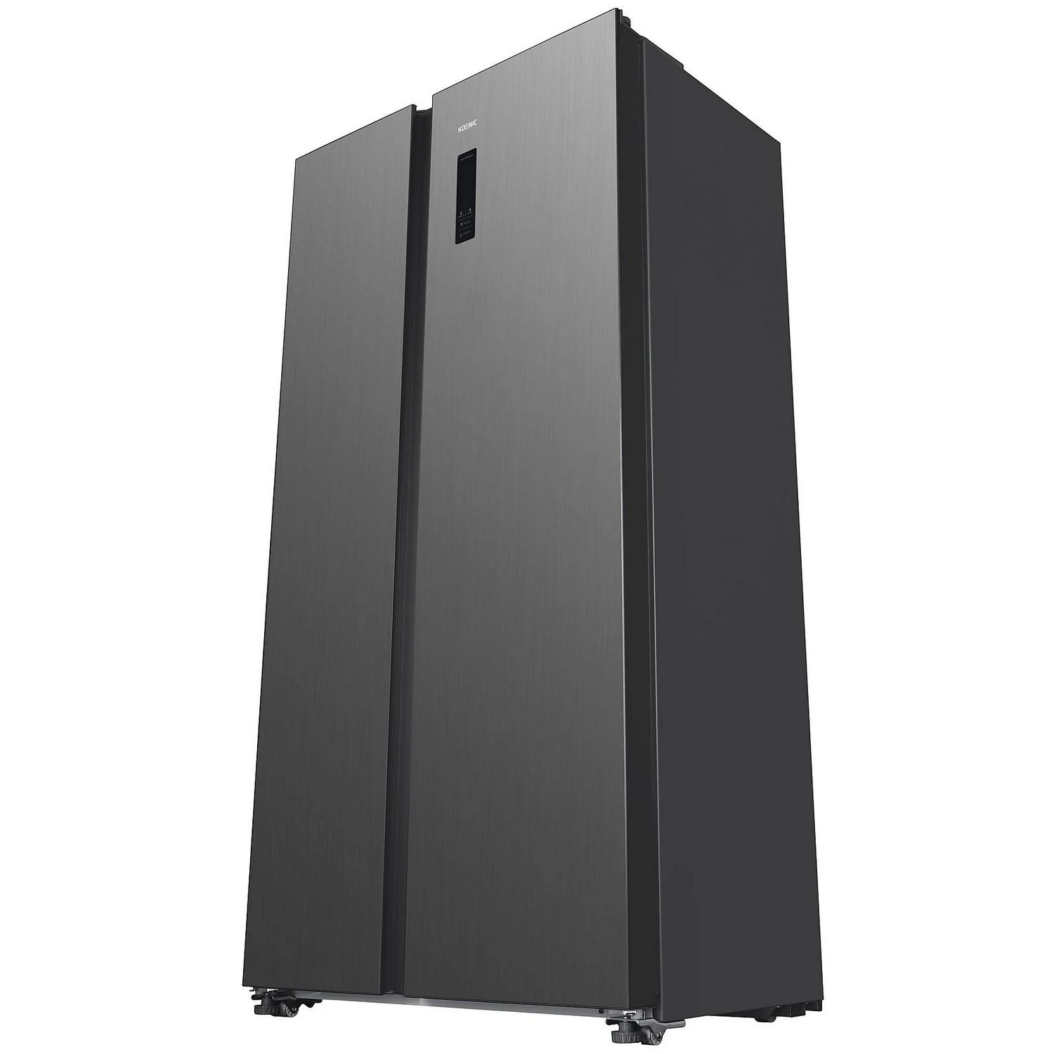 Black refrigerator, side view, two doors, dark gray color, slight angle, white background.