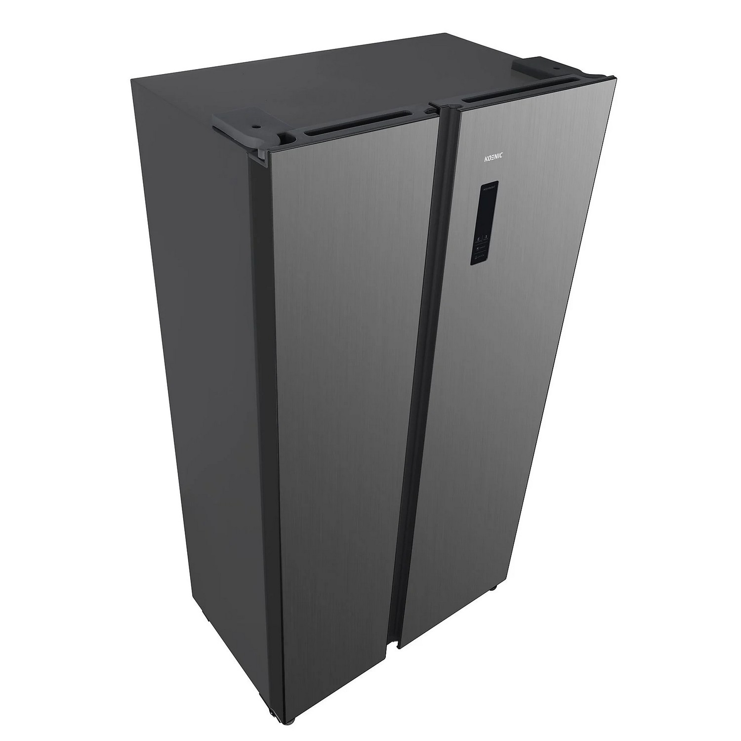 Dark gray side-by-side refrigerator with two doors, viewed from above.