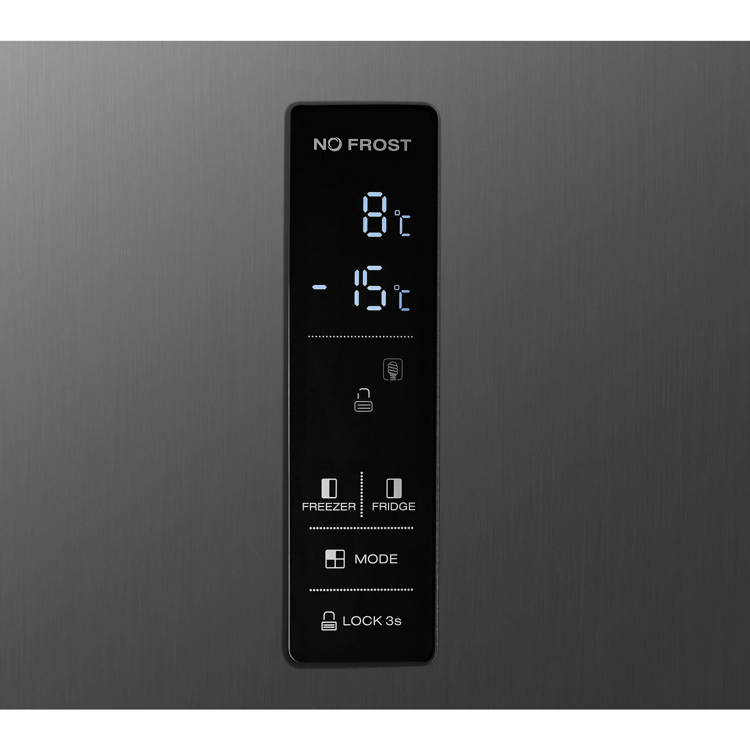 Close up of a black refrigerator control panel. Displays temperature and other settings.