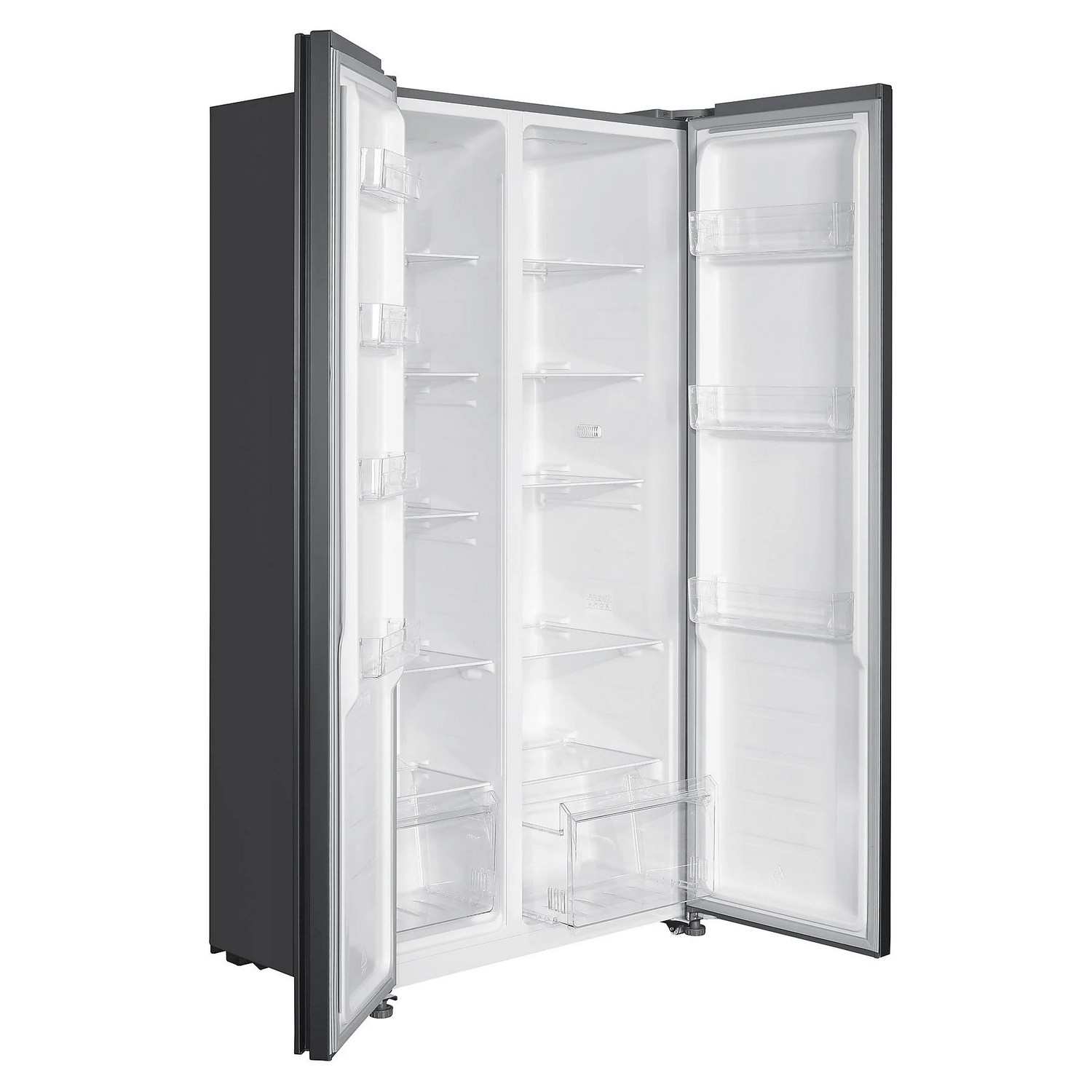 Black refrigerator with open doors, revealing shelves. Gray exterior, white interior.