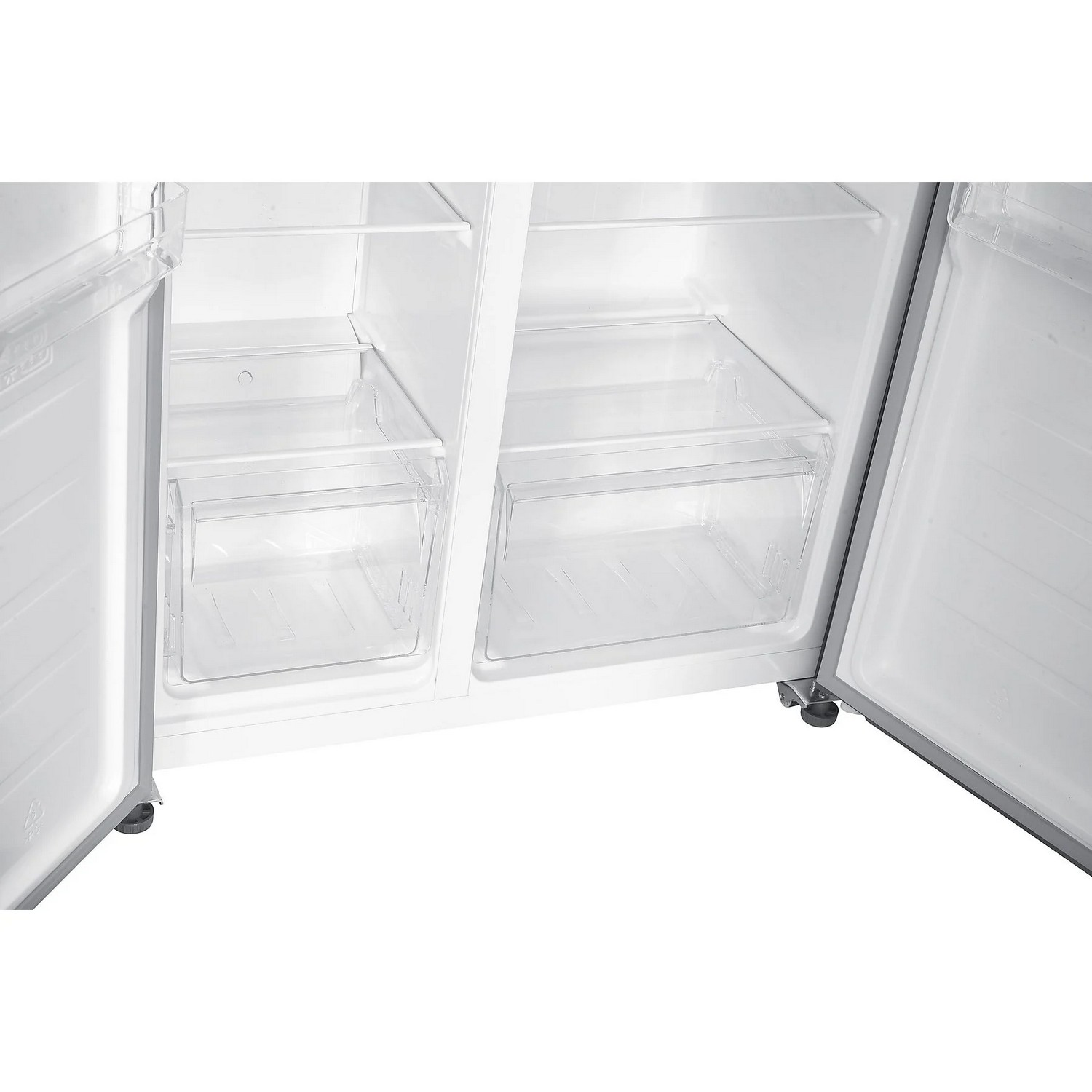 Inside of a refrigerator, showing transparent drawers and shelves.