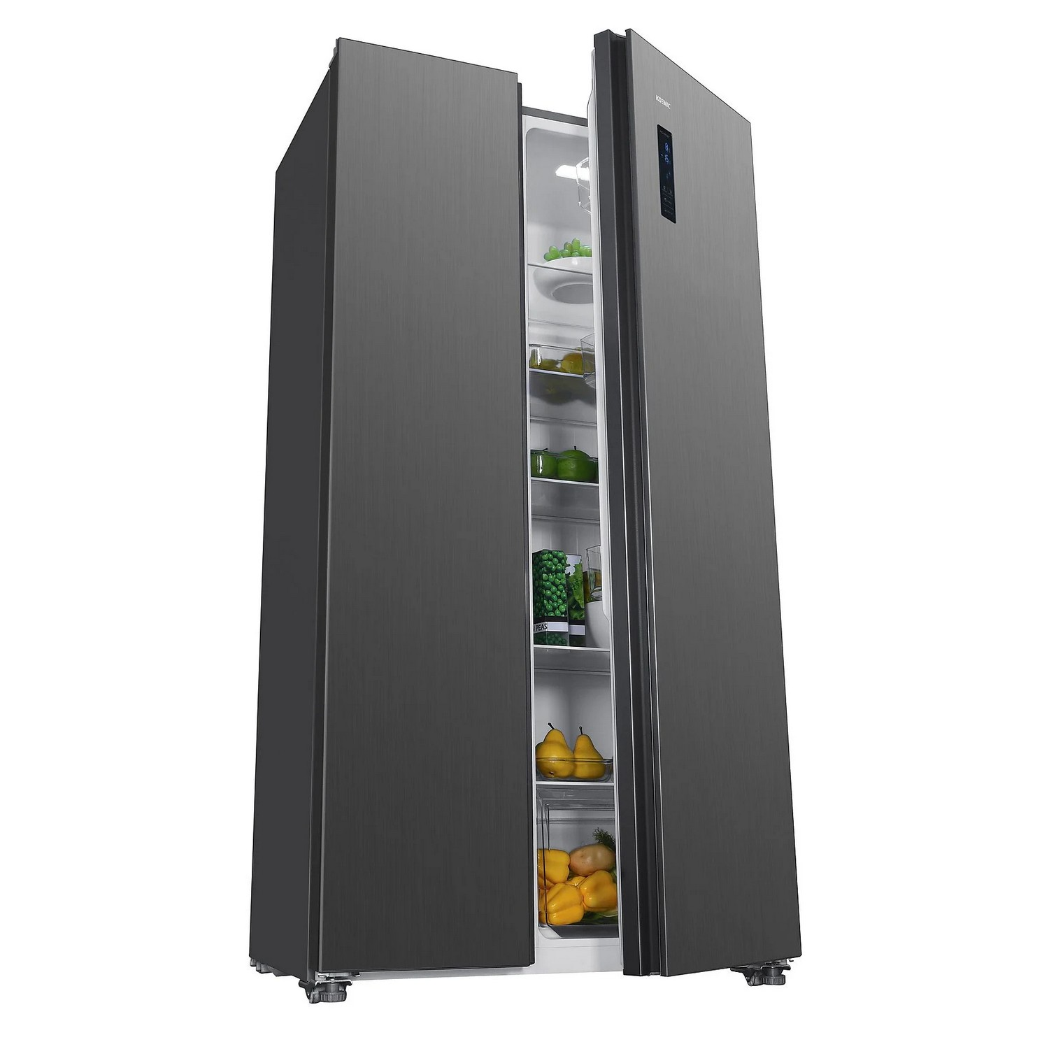 A dark gray side-by-side refrigerator with open doors, filled with food. Interior lights are on.