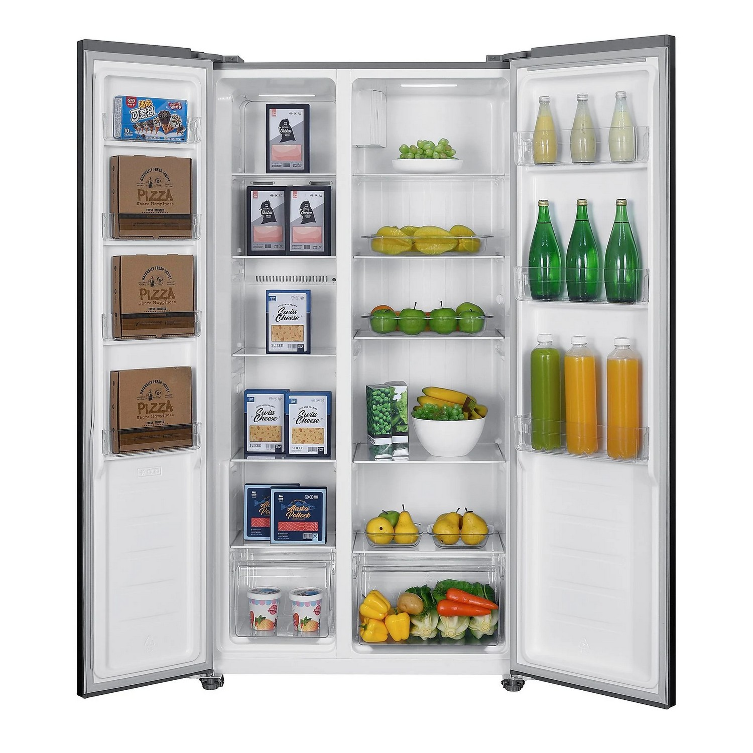 Open fridge with food items inside. Fruits, vegetables, and other packaged goods are visible.