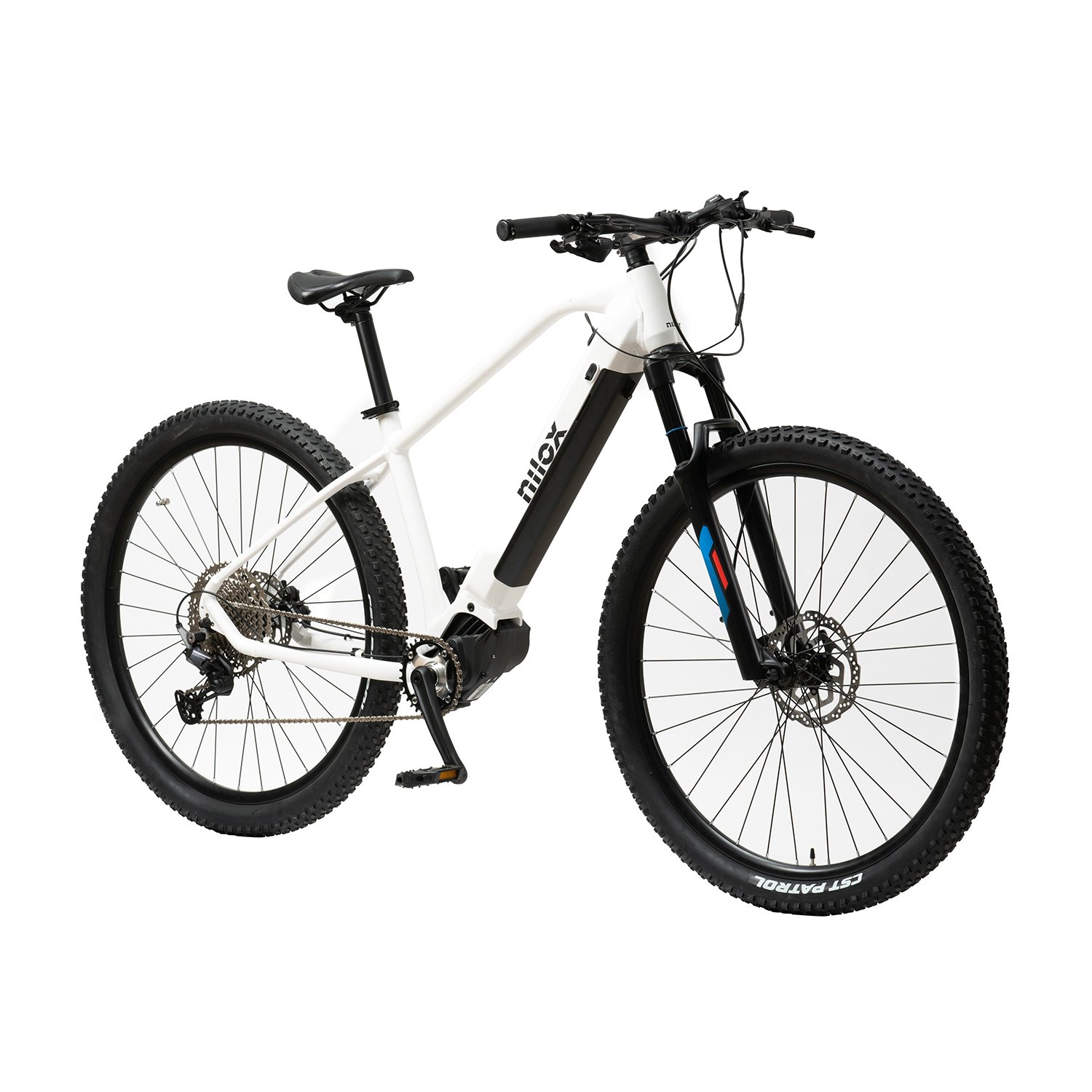 E-bike Nilox bianca con pneumatici e componenti neri, su sfondo bianco.