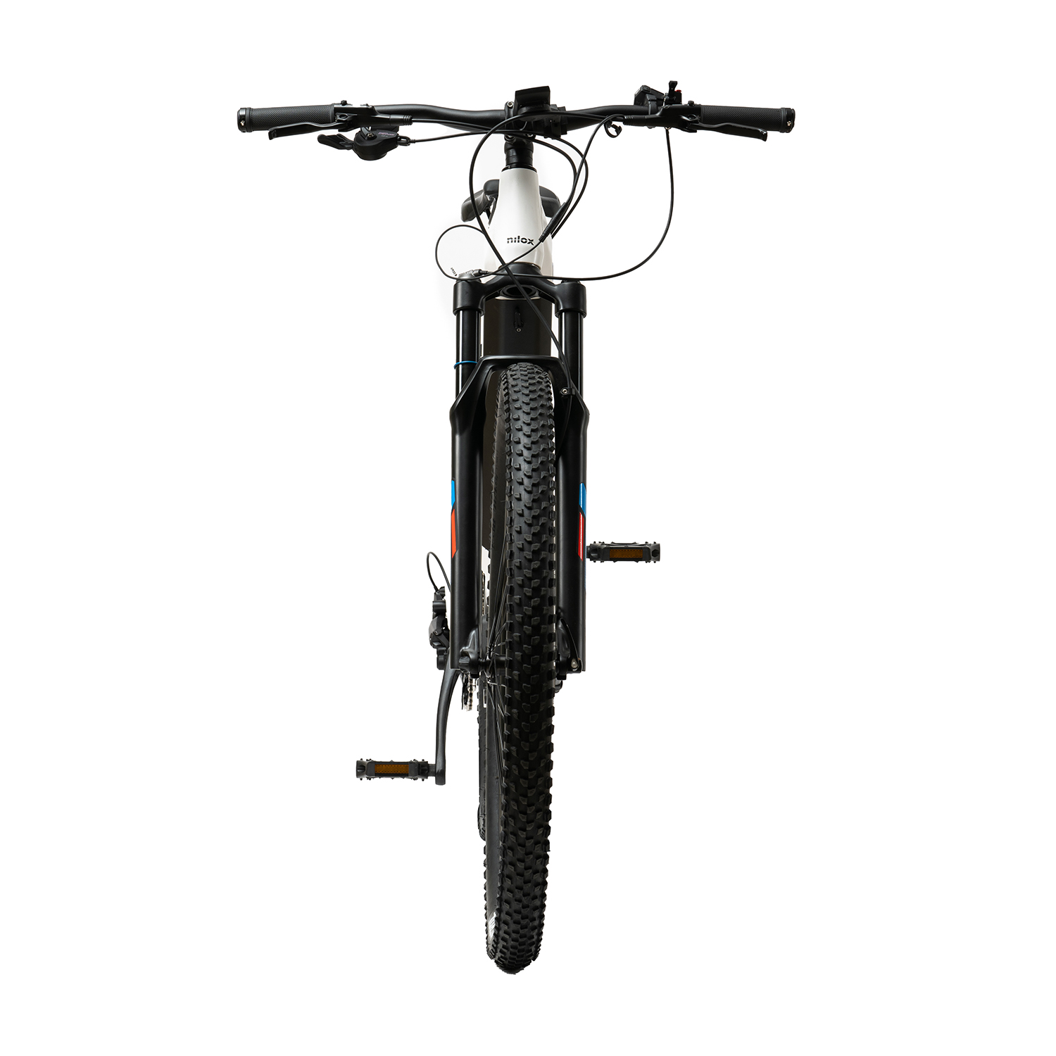 Vista frontale della e-bike Nilox bianca con pneumatici e componenti neri.