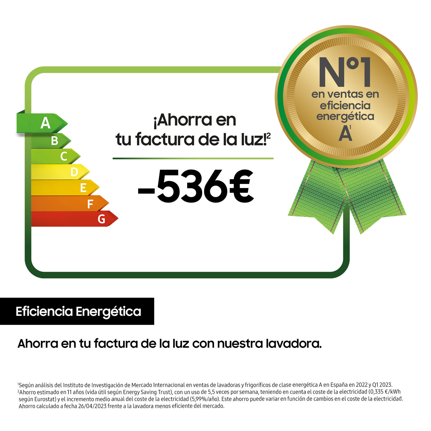 Etiqueta energética que muestra una calificación A, un ahorro de 536€ y una cinta verde.