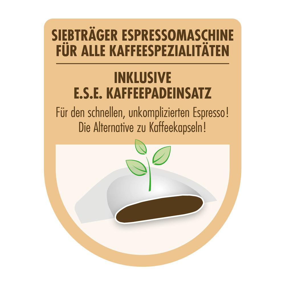 Eine Kaffeepad und Blätter in einem orangefarbenen und beigefarbenen Etikett.