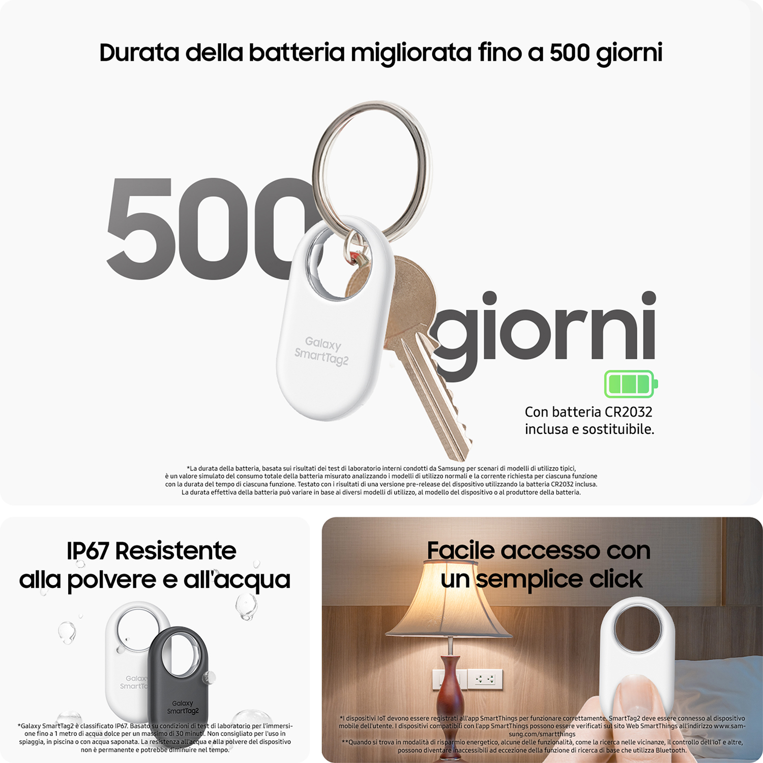 Portachiavi con tracker bianco e chiavi. Testo sulla durata della batteria e funzioni, con '500 giorni'.