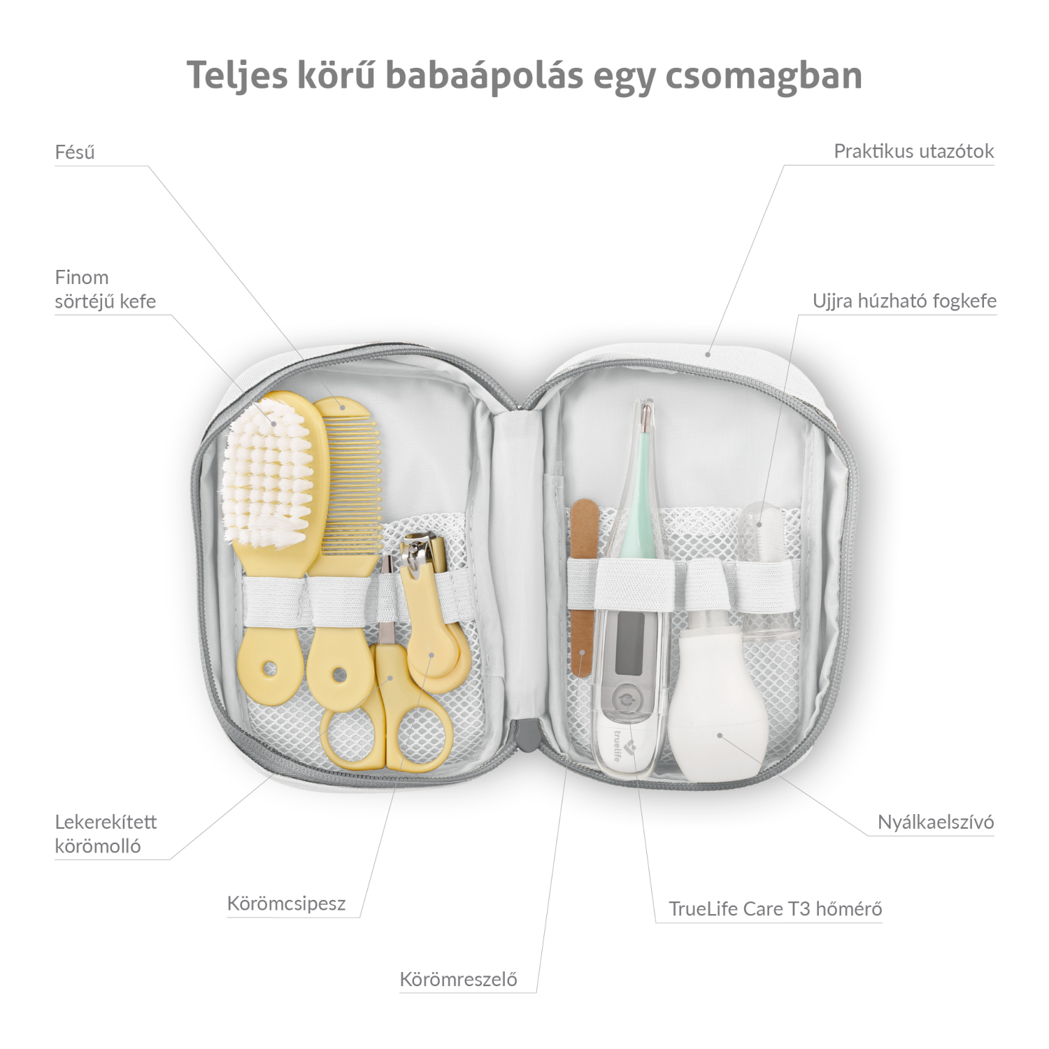 Babagondozó készlet fésűvel, körömvágóval, ollóval és hőmérővel.