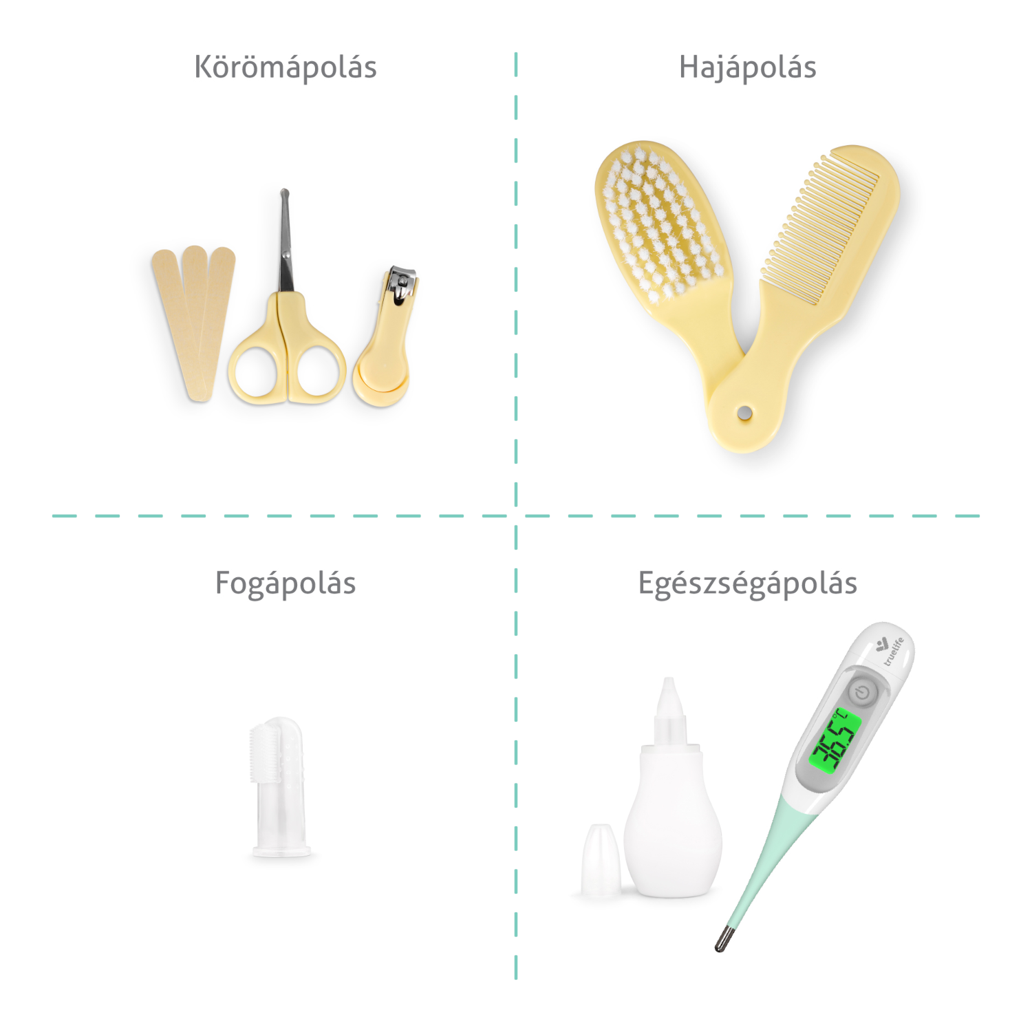 Babagondozási cikkek: köröm-, haj-, fog- és egészségápolás, mindegyik dobozban.