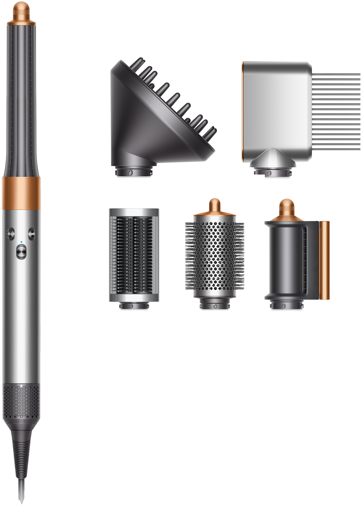 Dyson styler capillaire avec plusieurs accessoires, coloris argent et cuivre, fond noir.