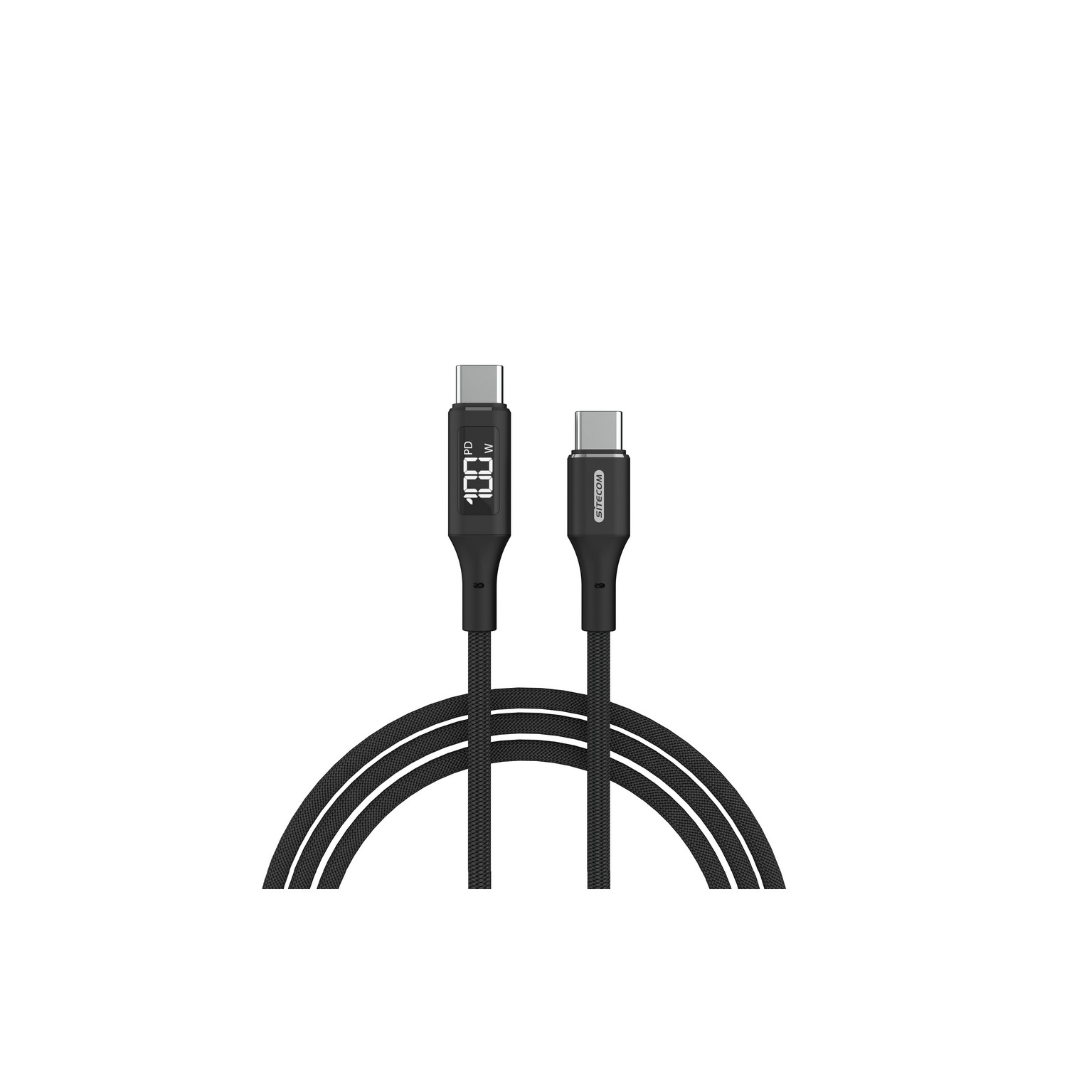 Un câble USB-C noir avec un affichage numérique montrant 100W, sur fond blanc.