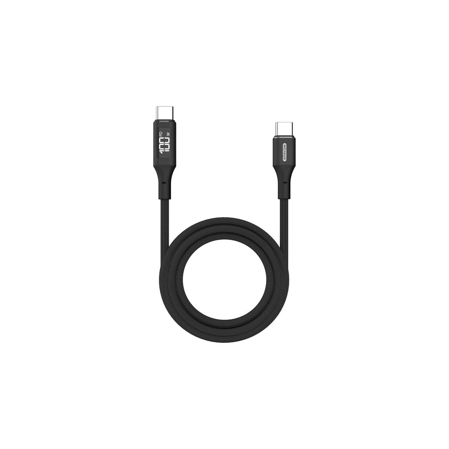 Câble USB-C noir avec connecteurs aux deux extrémités, sur fond blanc.