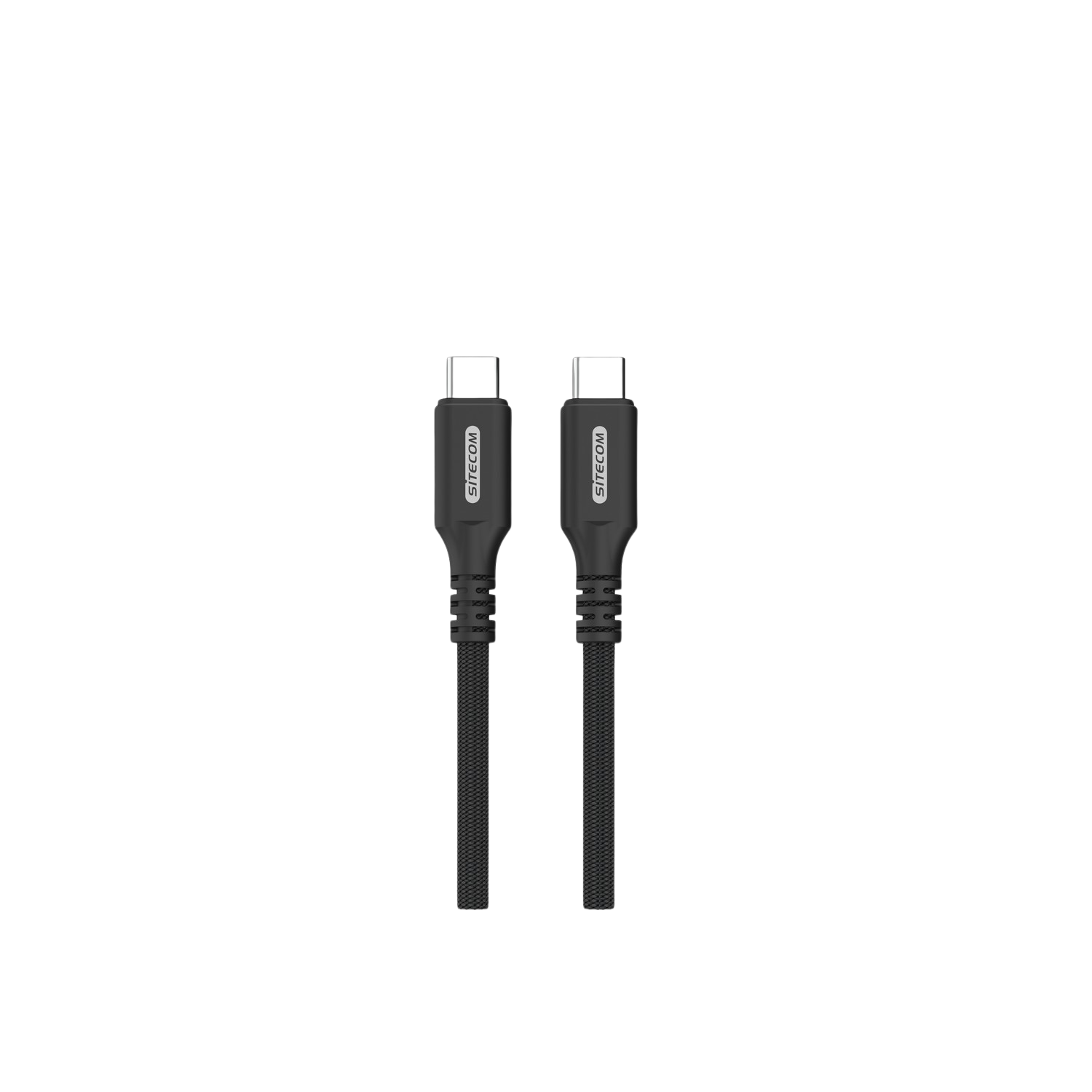 Deux câbles USB-C noirs côte à côte sur fond noir, affichant leurs connecteurs.