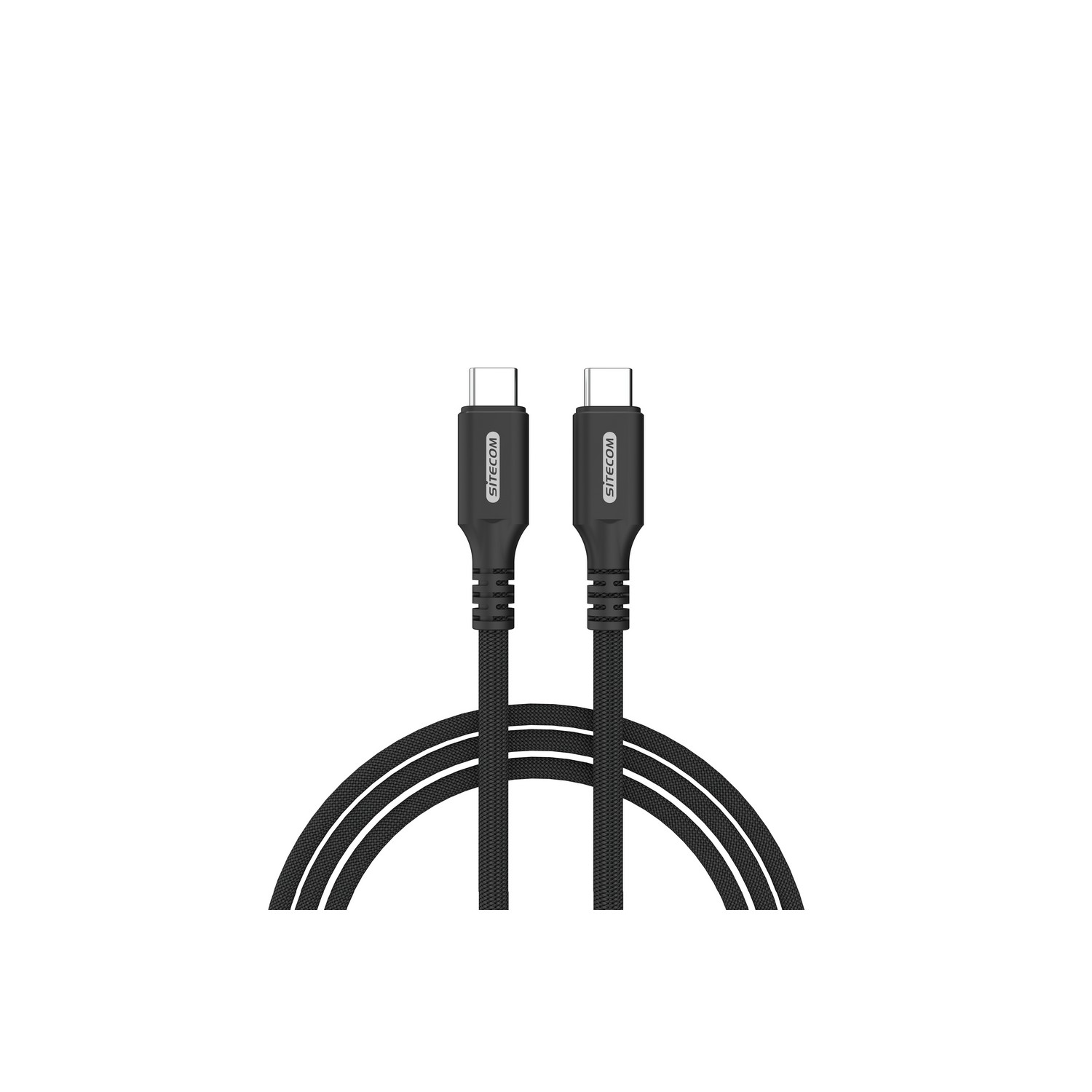 Deux câbles USB-C noirs. Fond blanc, côte à côte, vue claire.