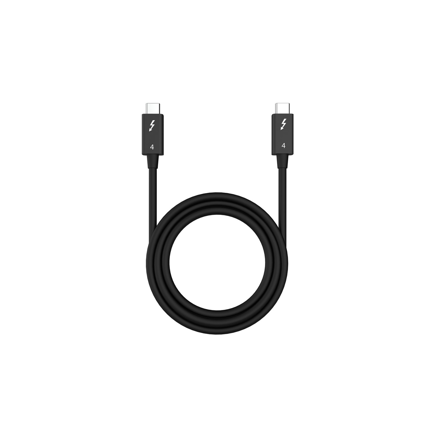Un câble de chargement noir avec deux connecteurs USB-C. Il est sur fond blanc.
