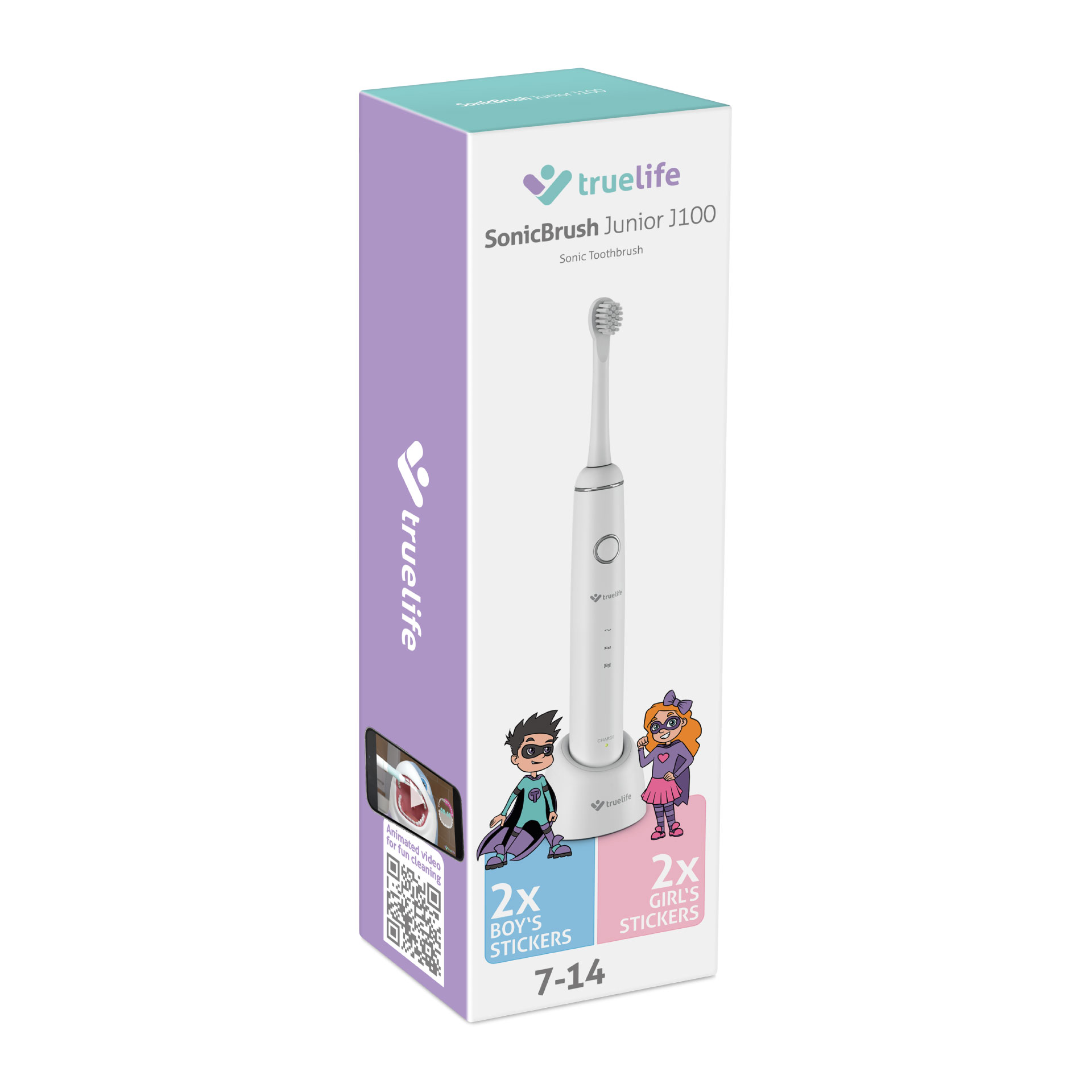 Fehér SonicBrush Junior 1100 fogkefe doboza matricákkal. A dobozon rajzfilmfigurák vannak.