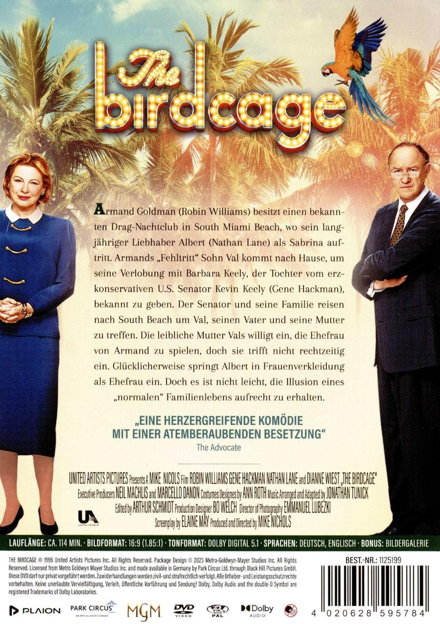 Rückseite des Films 'The Birdcage'. Enthält Schauspieler und eine Zusammenfassung des Films.