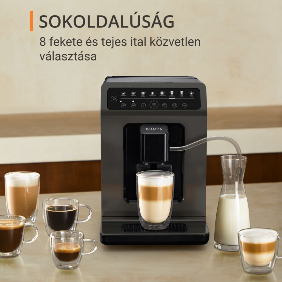 Egy Krups kávéfőző kávéscsészékkel és egy tejkancsóval. A szöveg a gép funkcióit írja le.