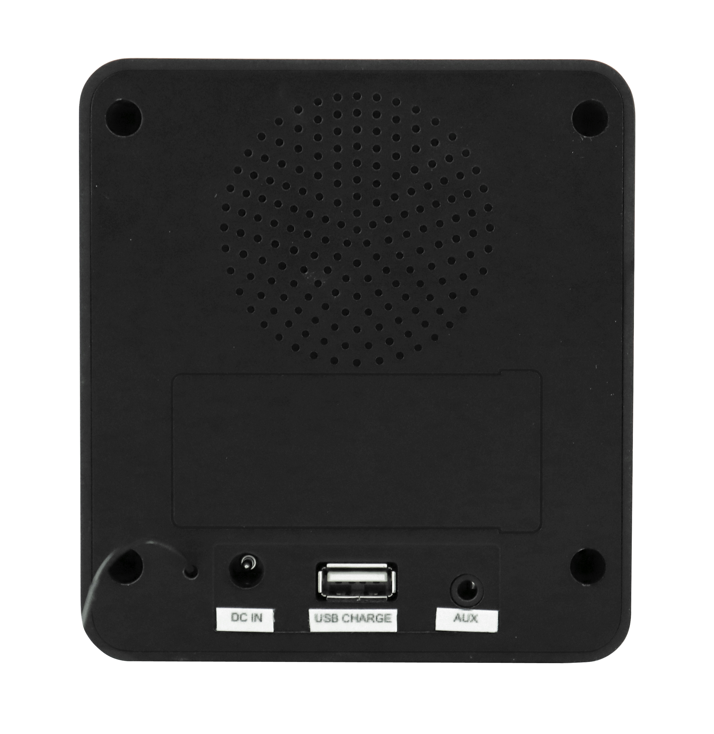 Rückseite eines schwarzen Lautsprechers mit USB-, Aux- und DC-Eingängen. Es gibt ein rundes Lautsprechergitter.