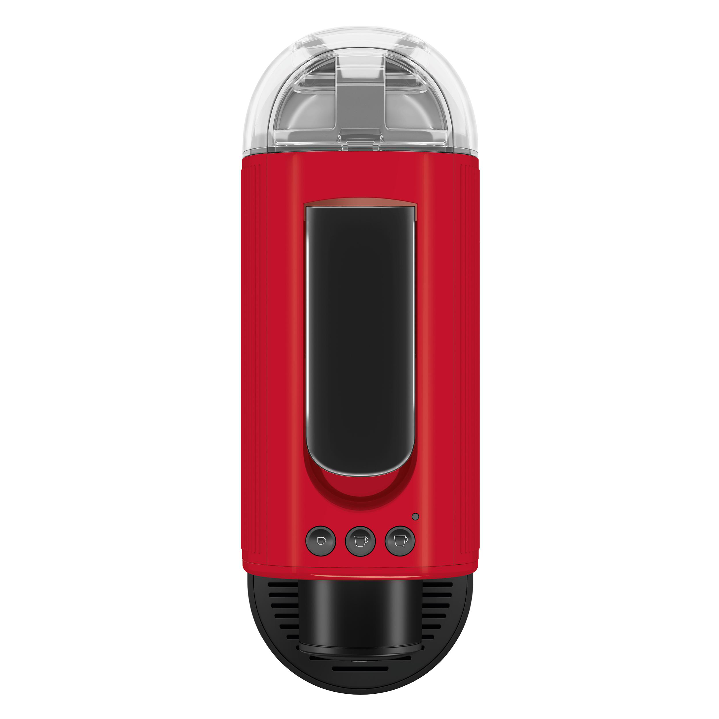 Roter Kaffeeautomaten mit schwarzem Griff und schwarzem Bildschirm.