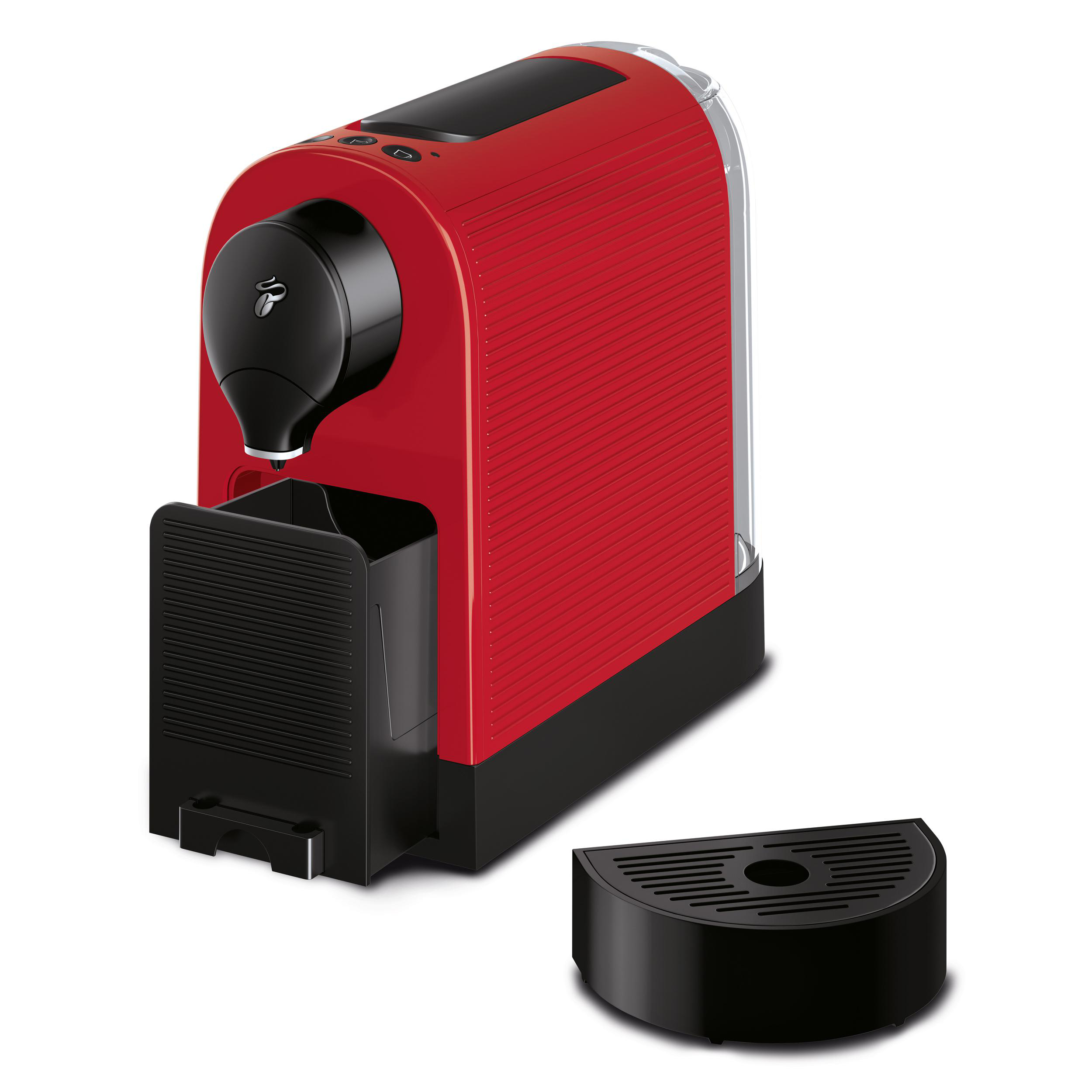 Rote Kaffeemaschine mit schwarzem Ausguss und separater schwarzer Ablage.