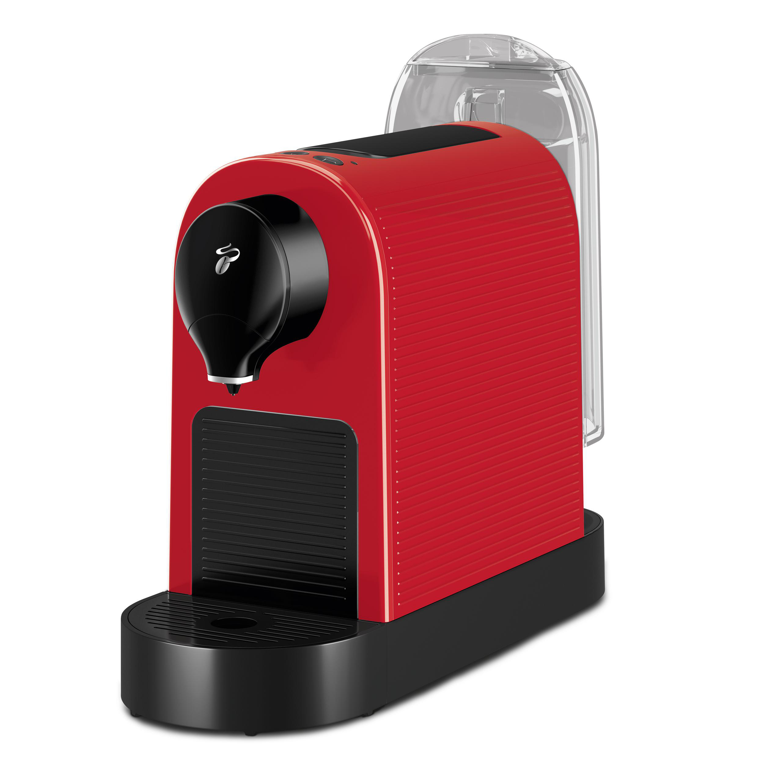 Eine rot-schwarze Kaffeemaschine mit einem durchsichtigen Wasserbehälter.