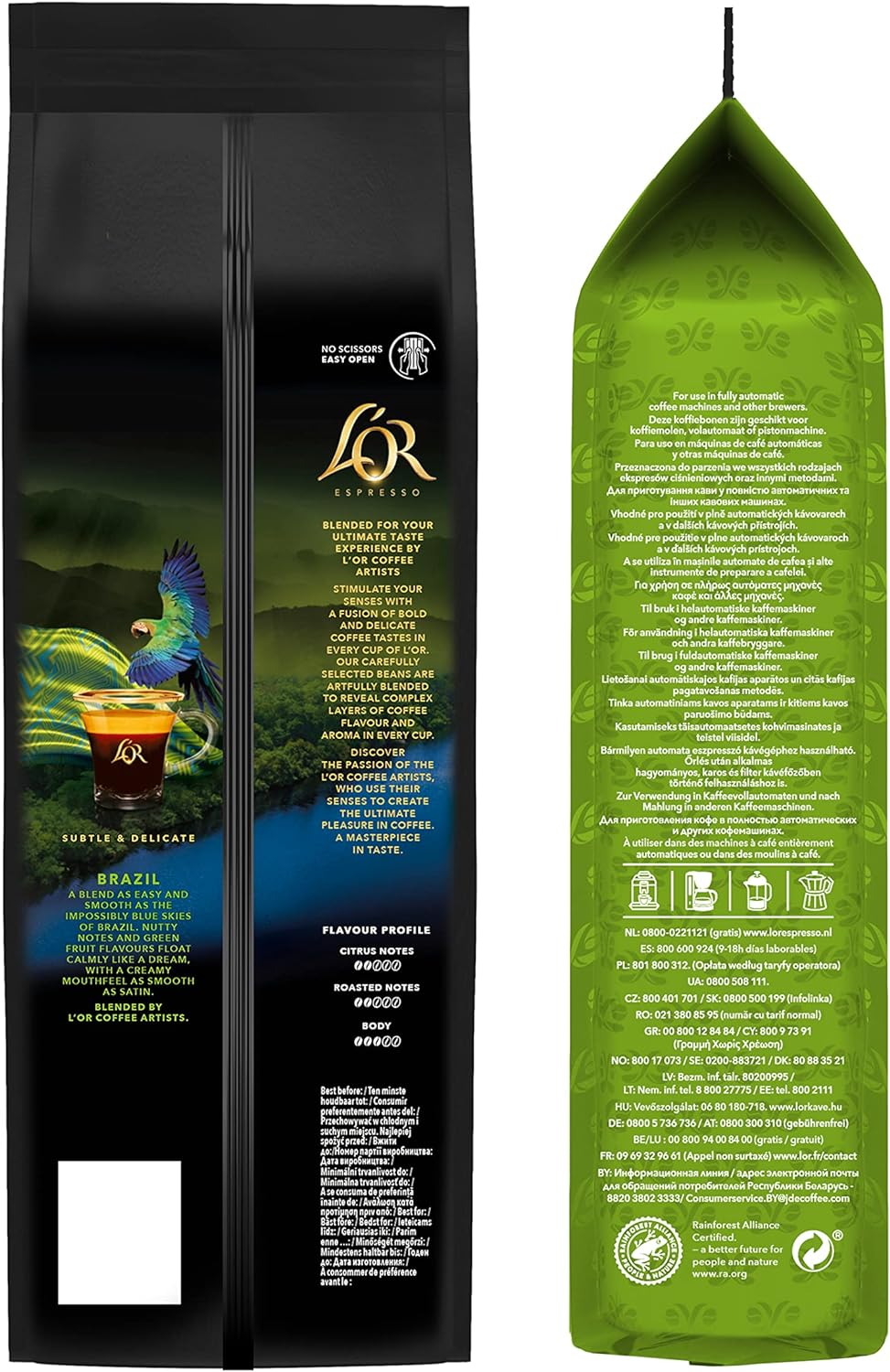 Dos caras de una bolsa de café L'OR Espresso, verde y negra, con texto.
