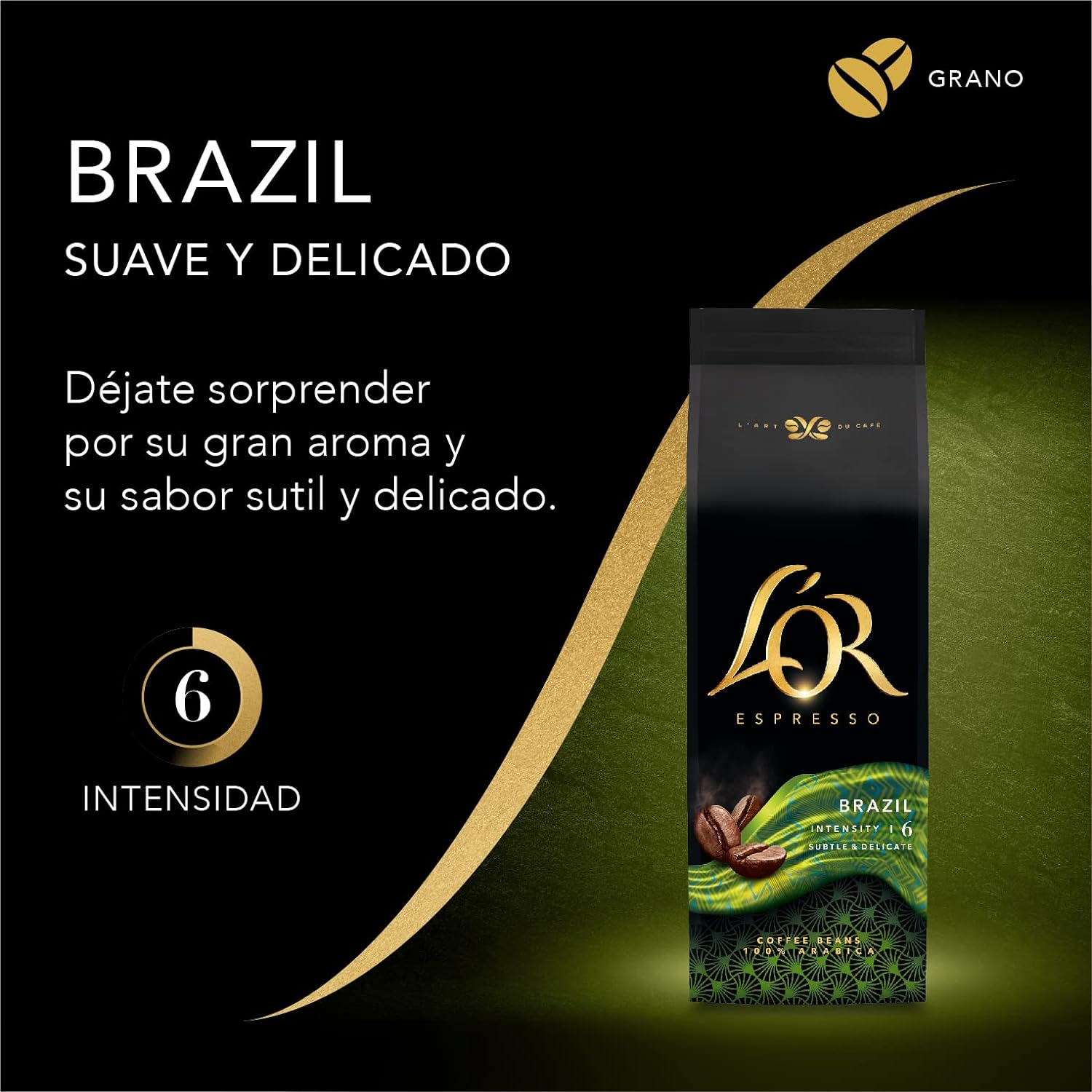 Bolsa de café con texto 'Brasil', ilustración de granos de café y calificación de intensidad '6'.