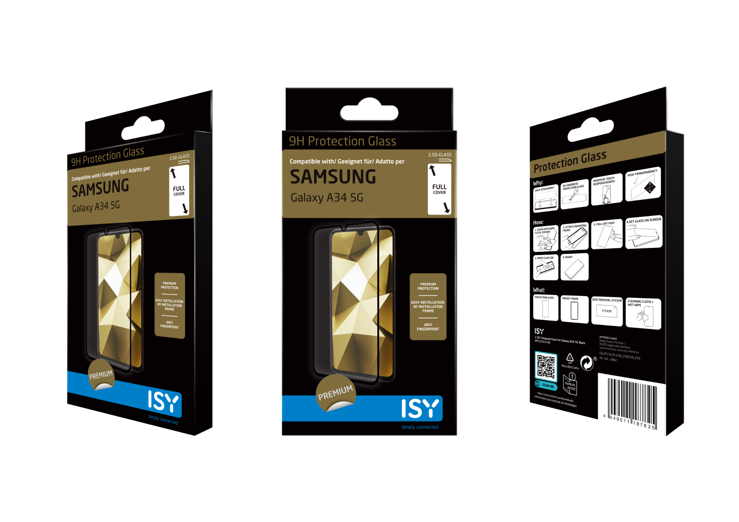 Tres cajas de protectores de pantalla para teléfonos. Son negras y doradas y muestran el modelo del teléfono.