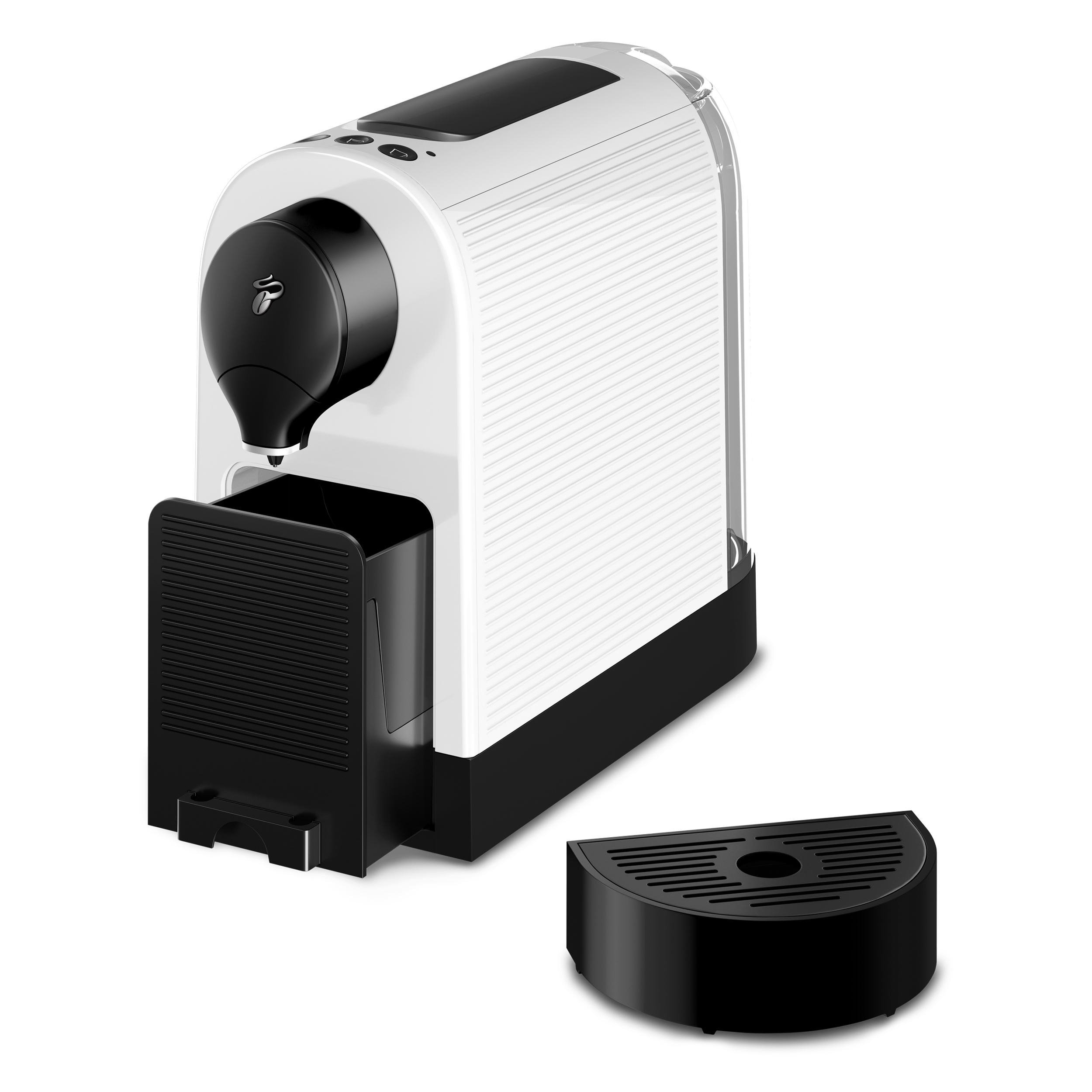 Weiß-schwarze Kaffeemaschine mit abnehmbarer schwarzer Ablage.