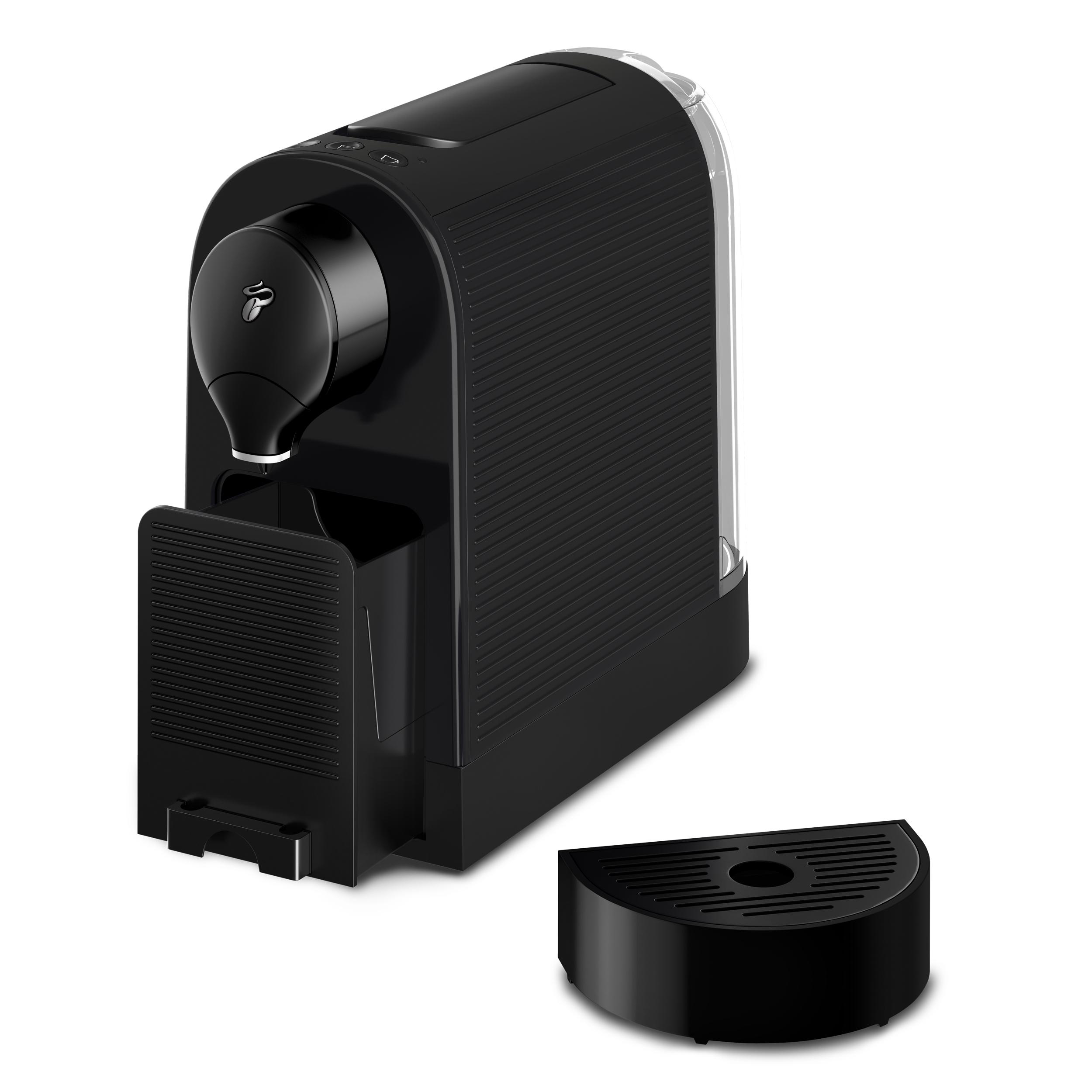 Eine schwarze Kaffeemaschine mit einem leeren Tassenhalter.