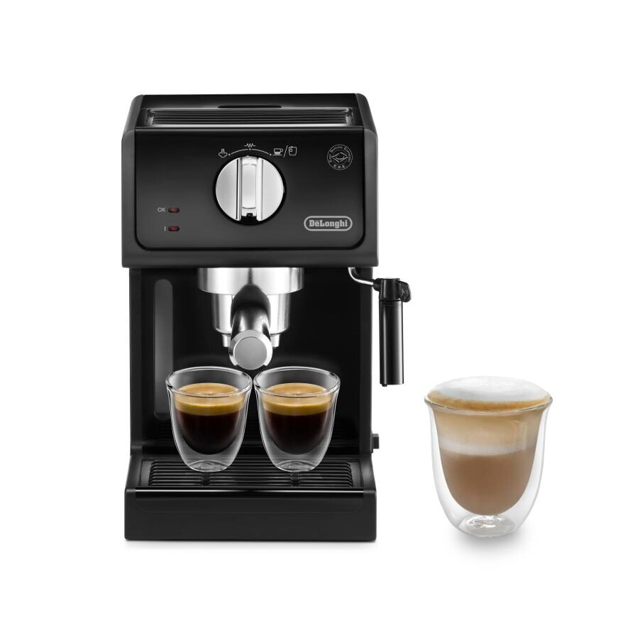 Czarny ekspres do espresso z dwoma filiżankami i filiżanką piany.