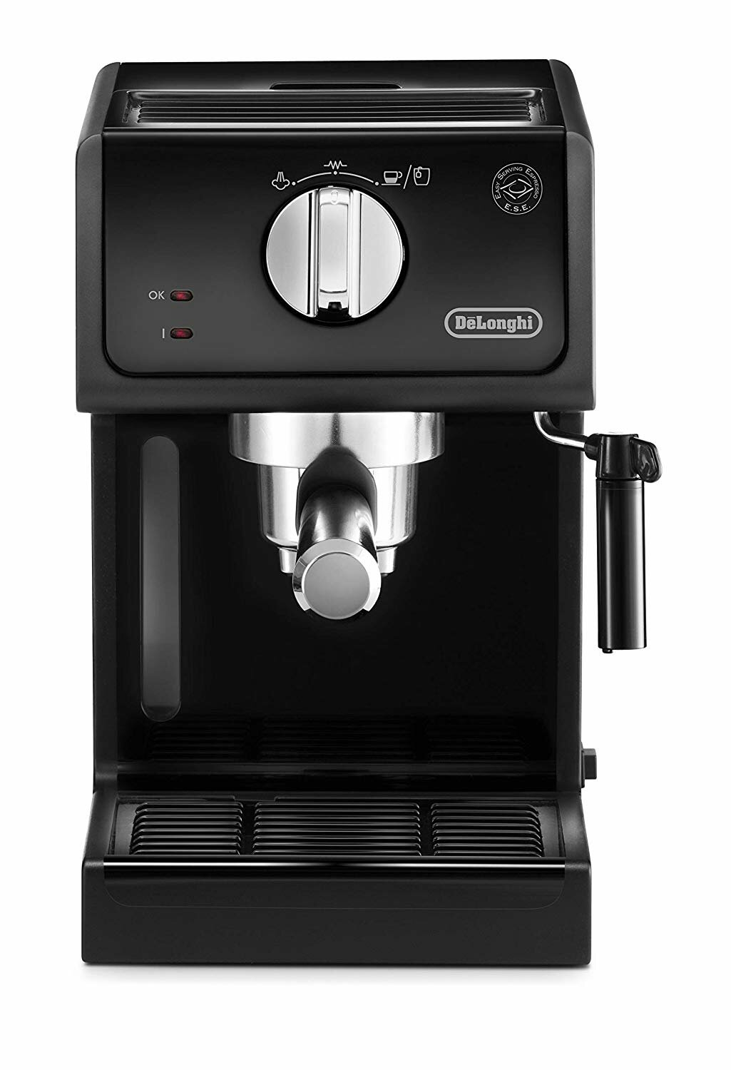 Czarny ekspres do espresso DeLonghi. Widok z przodu. Widoczny zbiornik na wodę i kolba.
