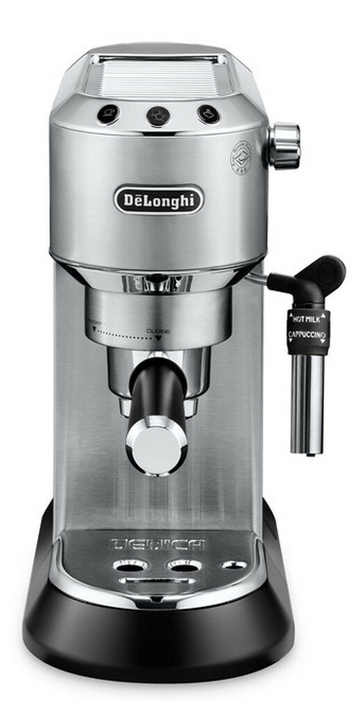 Srebrno-czarny ekspres do kawy z wieloma przyciskami i dyszą do mleka.