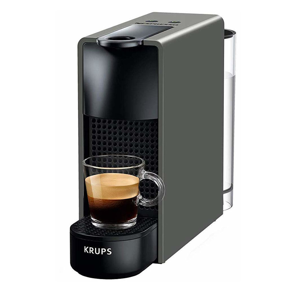 Szary ekspres do kawy Krups ze szklanką kawy.