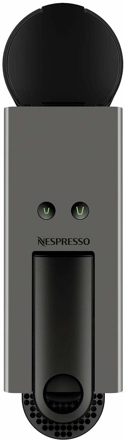 Szara maszyna do kawy Nespresso, z napisem Nespresso z przodu.
