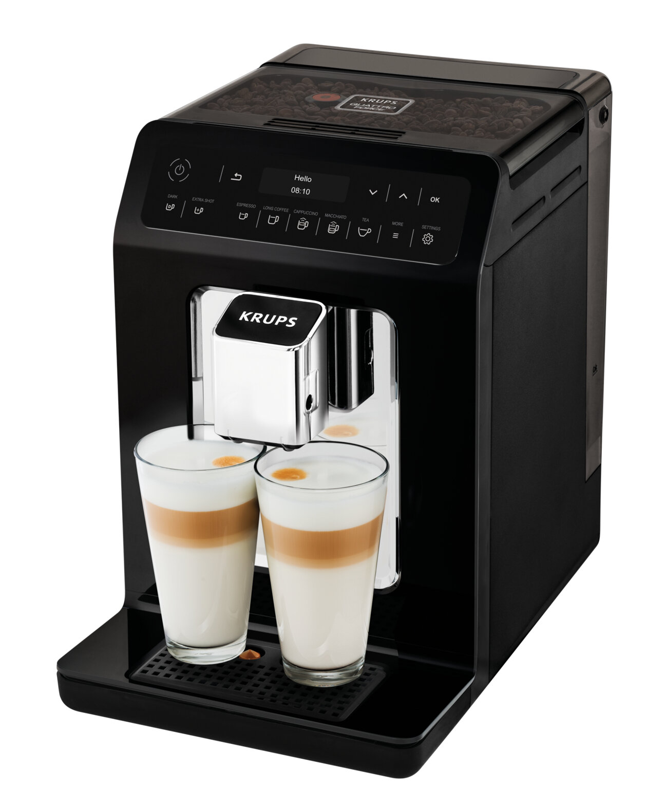 Czarny ekspres do kawy Krups z dwiema szklankami warstwowej kawy i cyfrowym wyświetlaczem na górze.