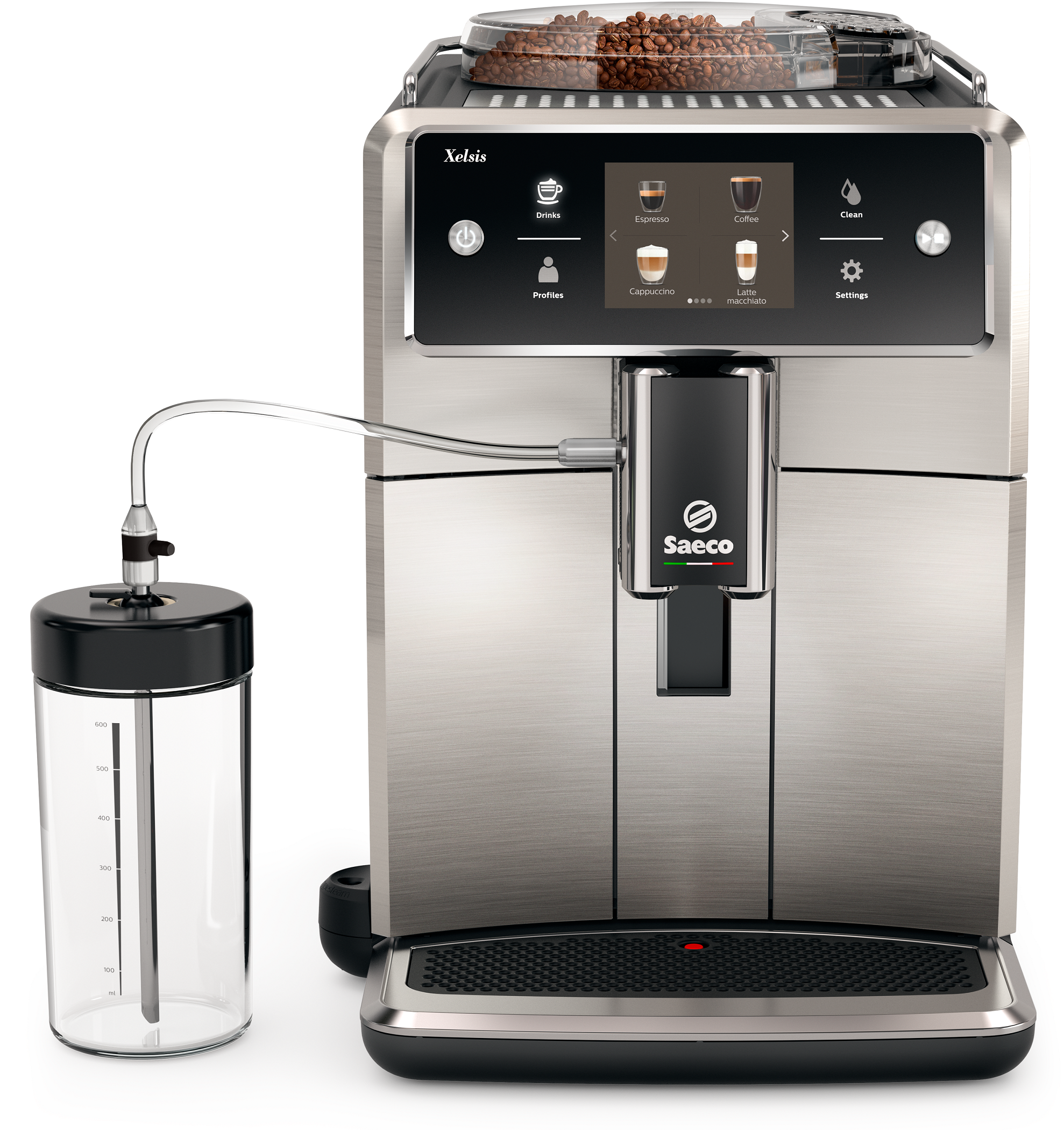 Ekspres do kawy ze stali nierdzewnej z wieloma opcjami napojów wyświetlanymi na ekranie i pojemnikiem na mleko.