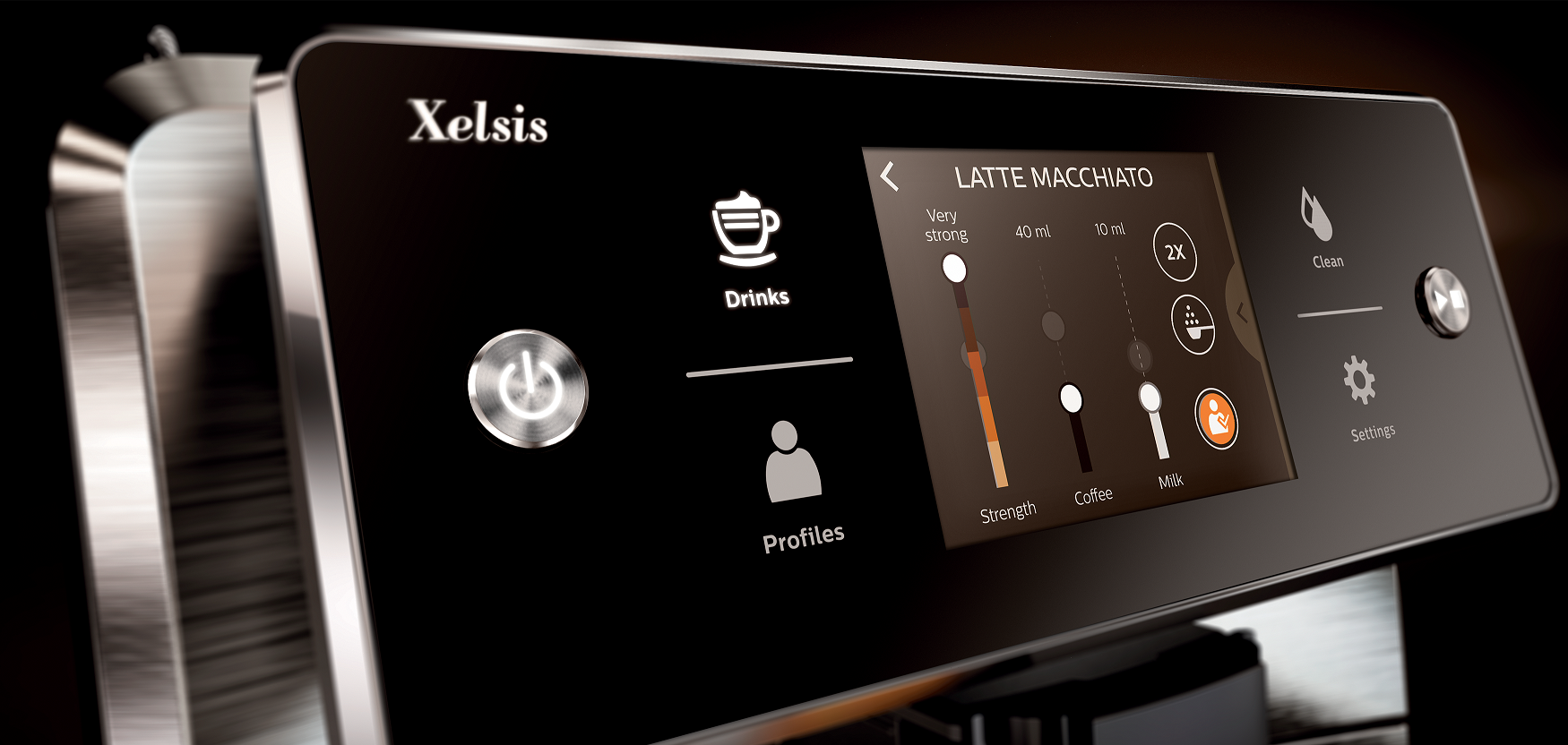 Zbliżenie ekranu dotykowego ekspresu do kawy, wyświetlającego opcje latte macchiato.