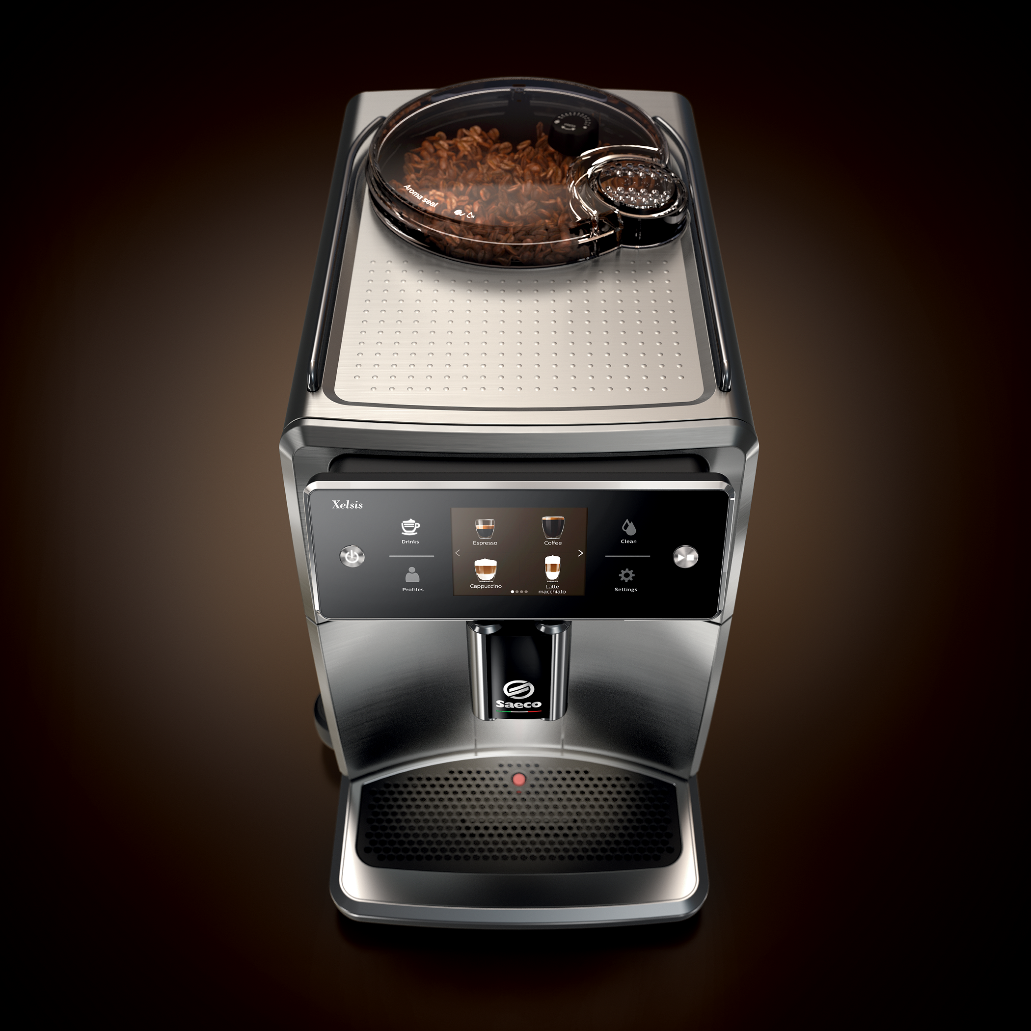 Ekspres do kawy, srebrno-czarny, z pojemnikiem na ziarna i ekranem dotykowym.