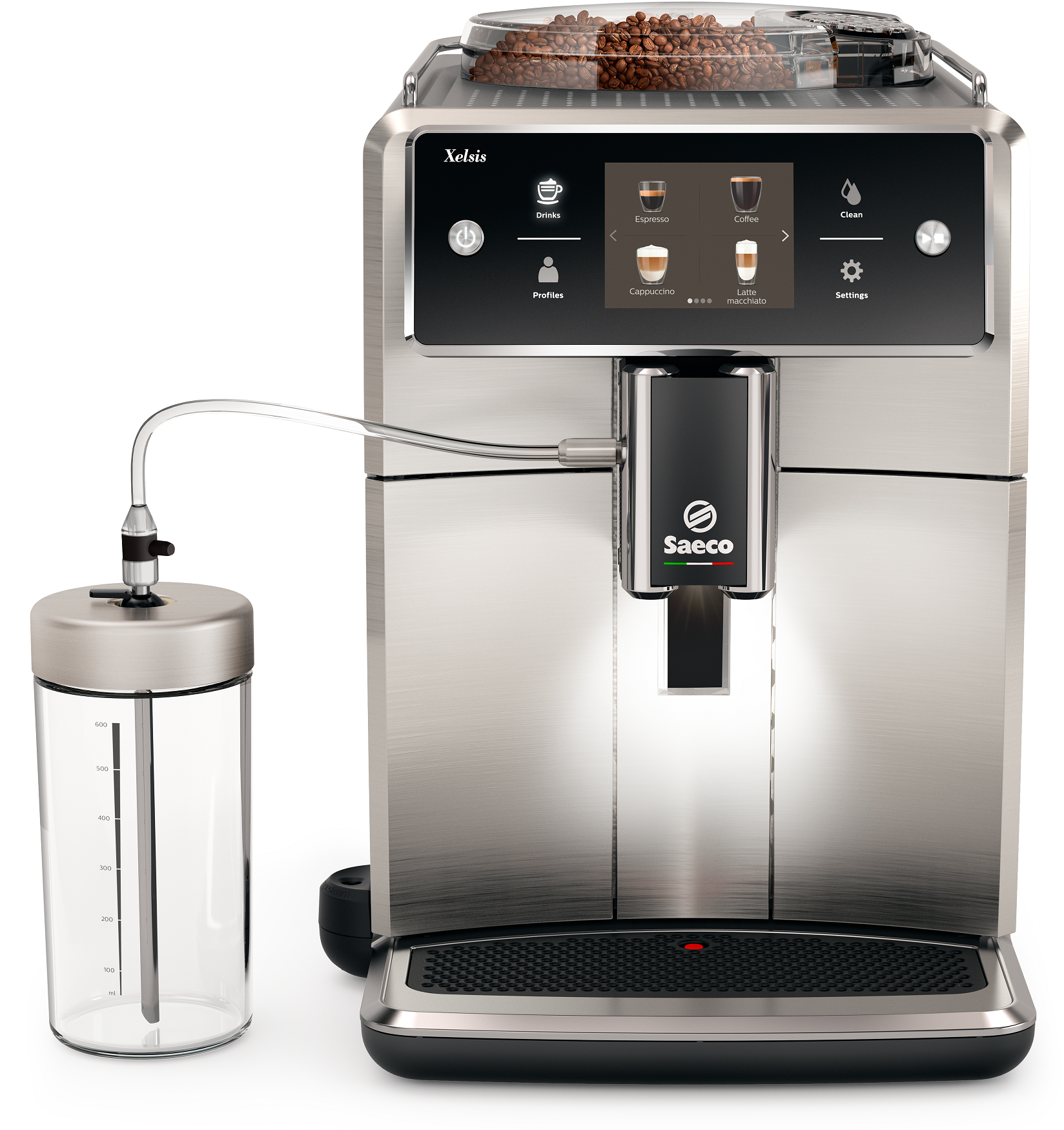 Srebrno-czarny ekspres do kawy z interfejsem dotykowym.