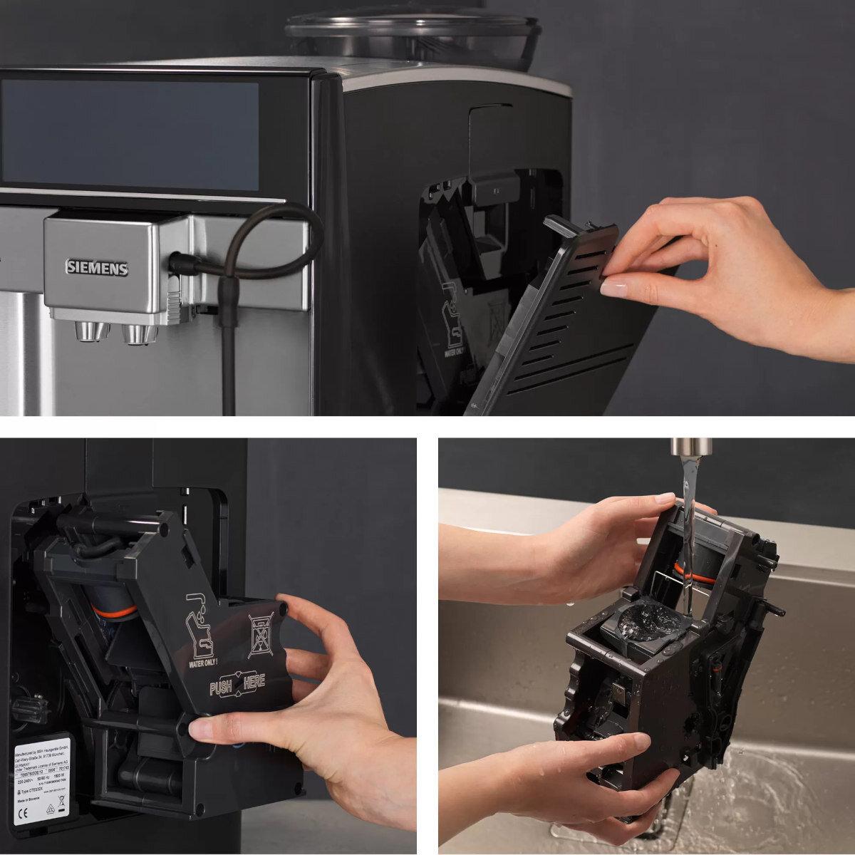 Ręce rozkładające i czyszczące ekspres do kawy.