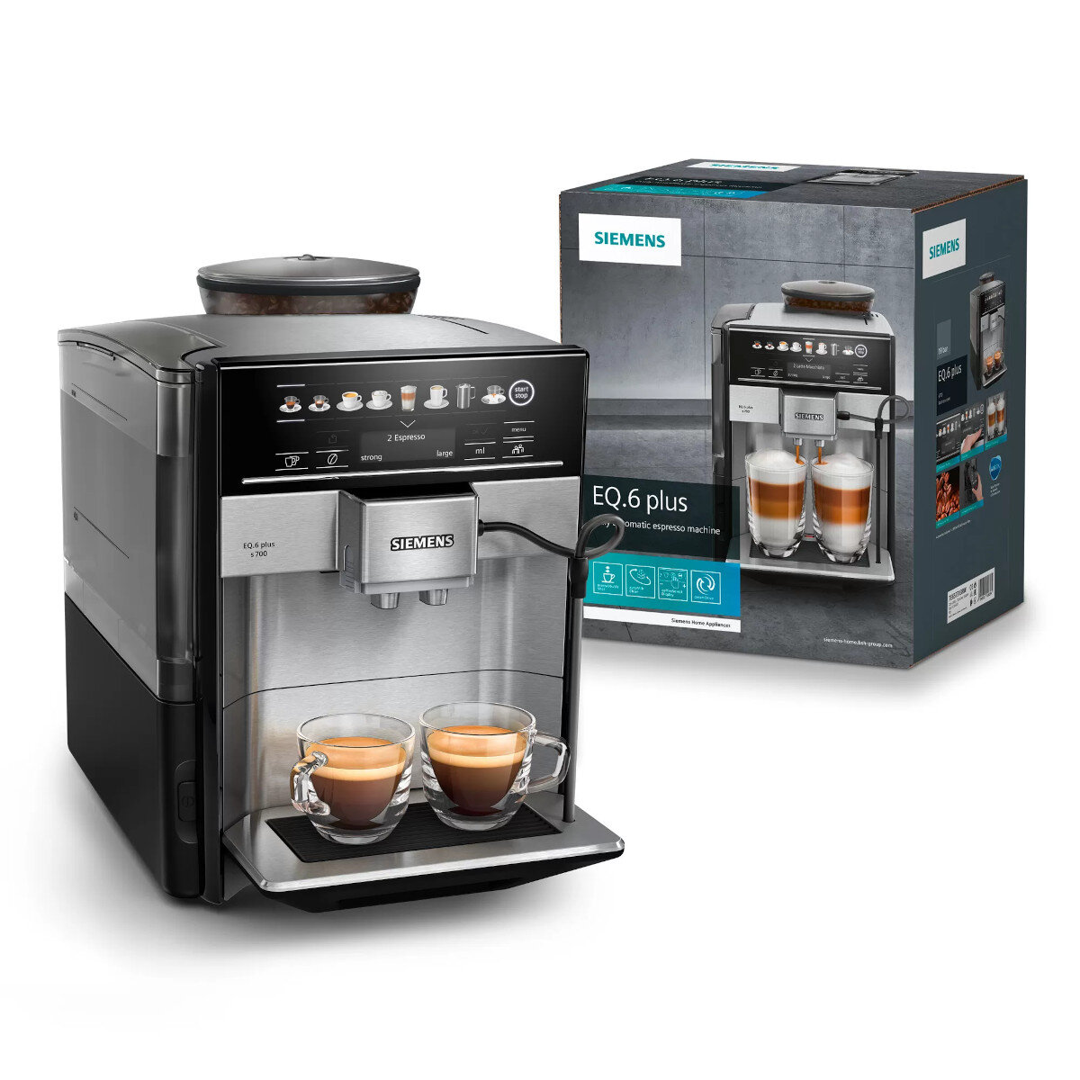 Ekspres do kawy z dwiema filiżankami kawy. Obok pudełko ze zdjęciem ekspresu.